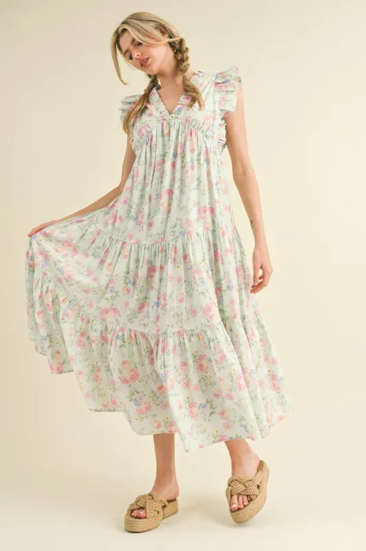 Sky Blue Pink Floral Ruffled Midi Dress sold by Pinkblush