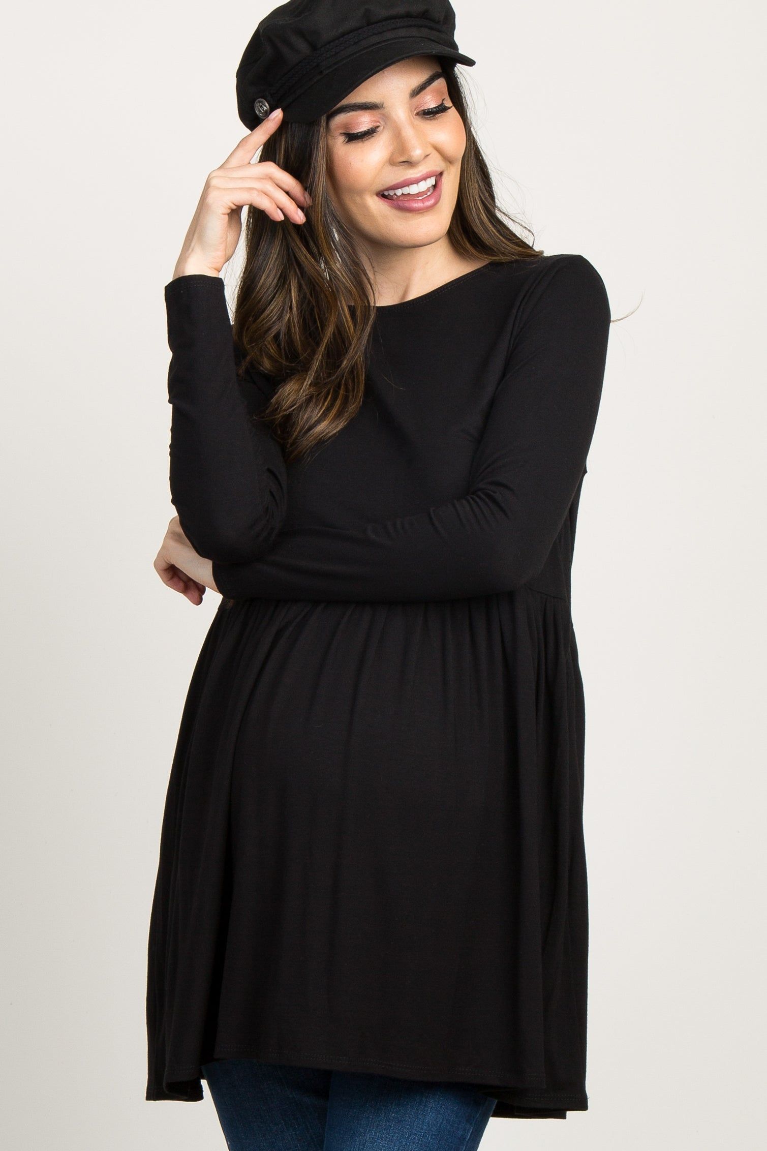 Black Solid Long Sleeve Peplum Maternity Top sold by Pinkblush