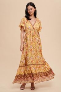 Yellow Floral Flounce Sleeve Maxi Dress sold by Pinkblush