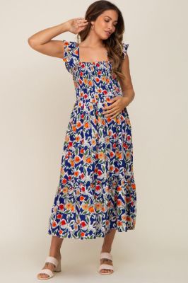 Royal Floral Sleeveless Ruffle Maternity Maxi Dress sold by Pinkblush