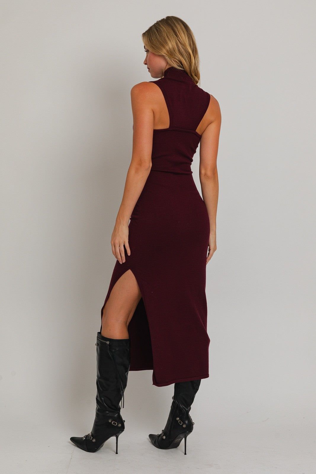 Burgundy Sleeveless Mock Neck Midi Dress sold by Pinkblush product image thumbnail 3