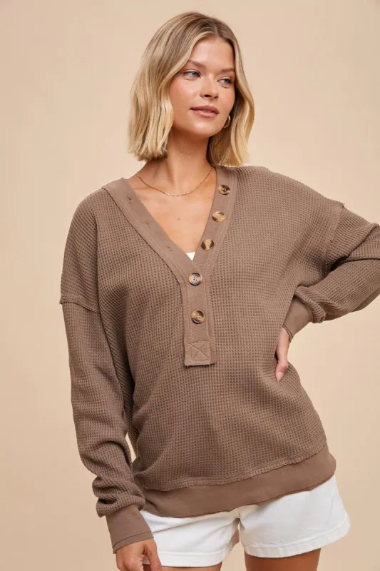Mocha Waffle Knit Deep V-Neck Top sold by Pinkblush