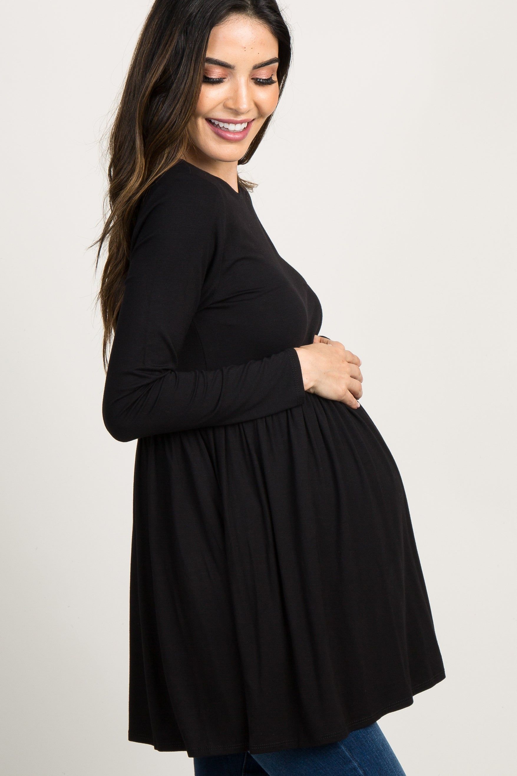 Black Solid Long Sleeve Peplum Maternity Top sold by Pinkblush product image thumbnail 2