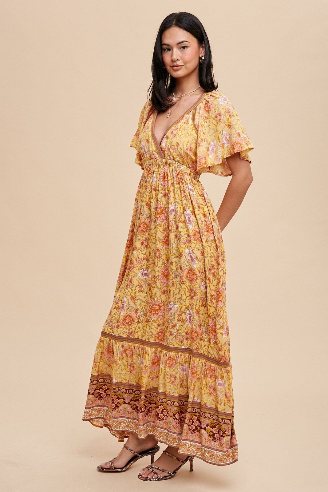 Yellow Floral Flounce Sleeve Maxi Dress sold by Pinkblush product image thumbnail 3