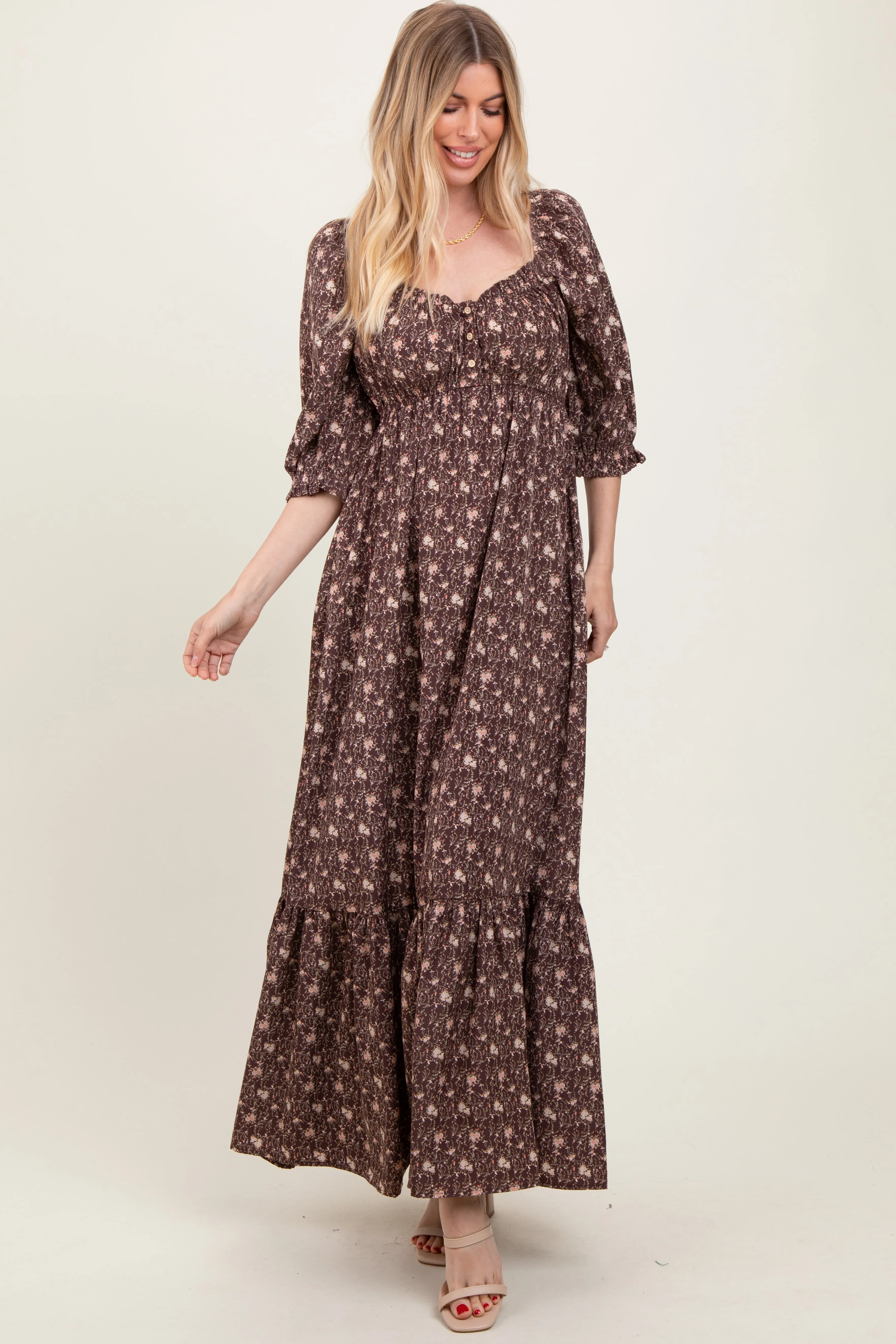 Chestnut Floral Sweetheart Neckline Maxi Dress sold by Pinkblush