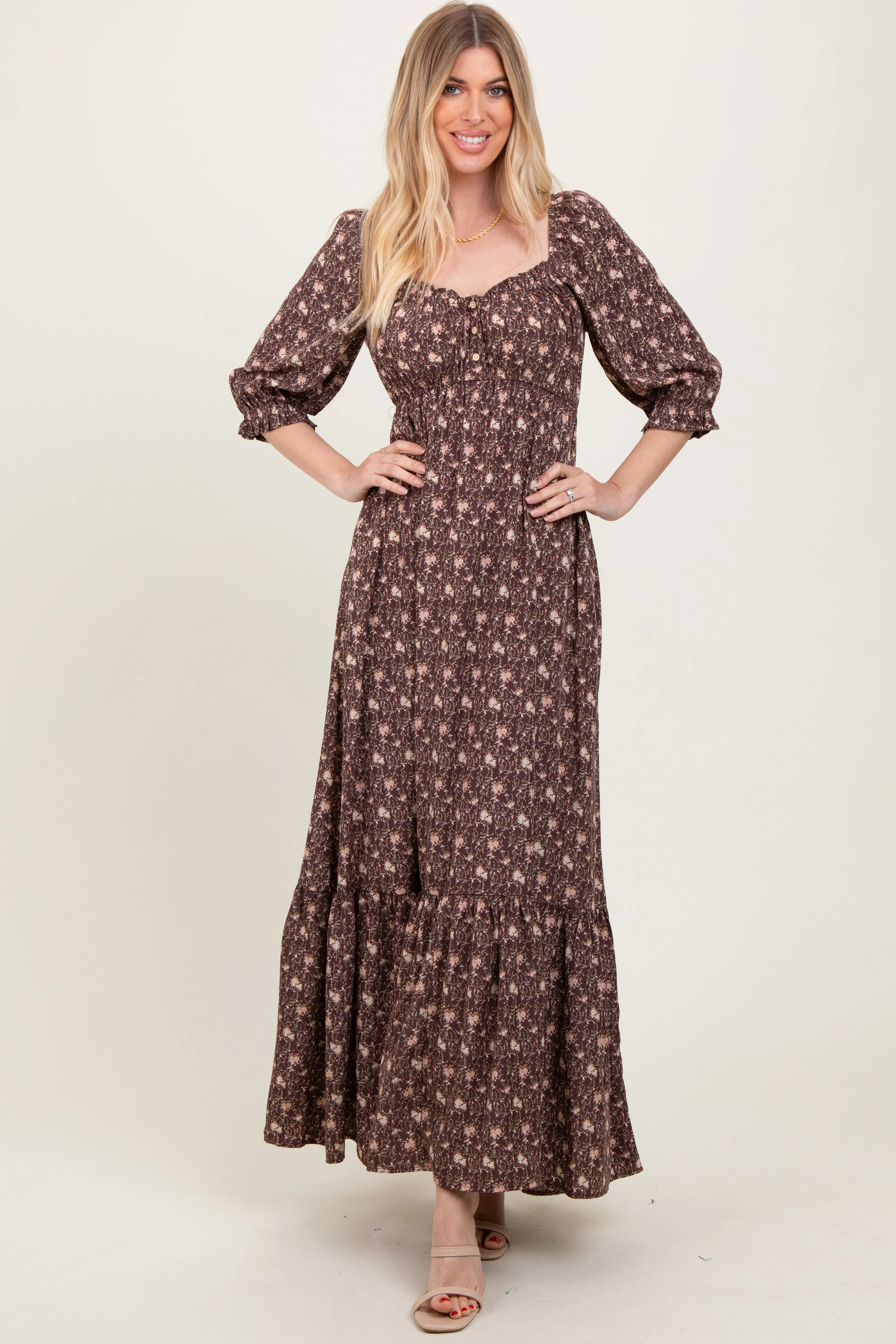 Chestnut Floral Sweetheart Neckline Maxi Dress sold by Pinkblush product image thumbnail 2