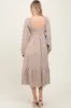Brown Striped Ruched Bodice Balloon Sleeved Midi Dress sold by Pinkblush