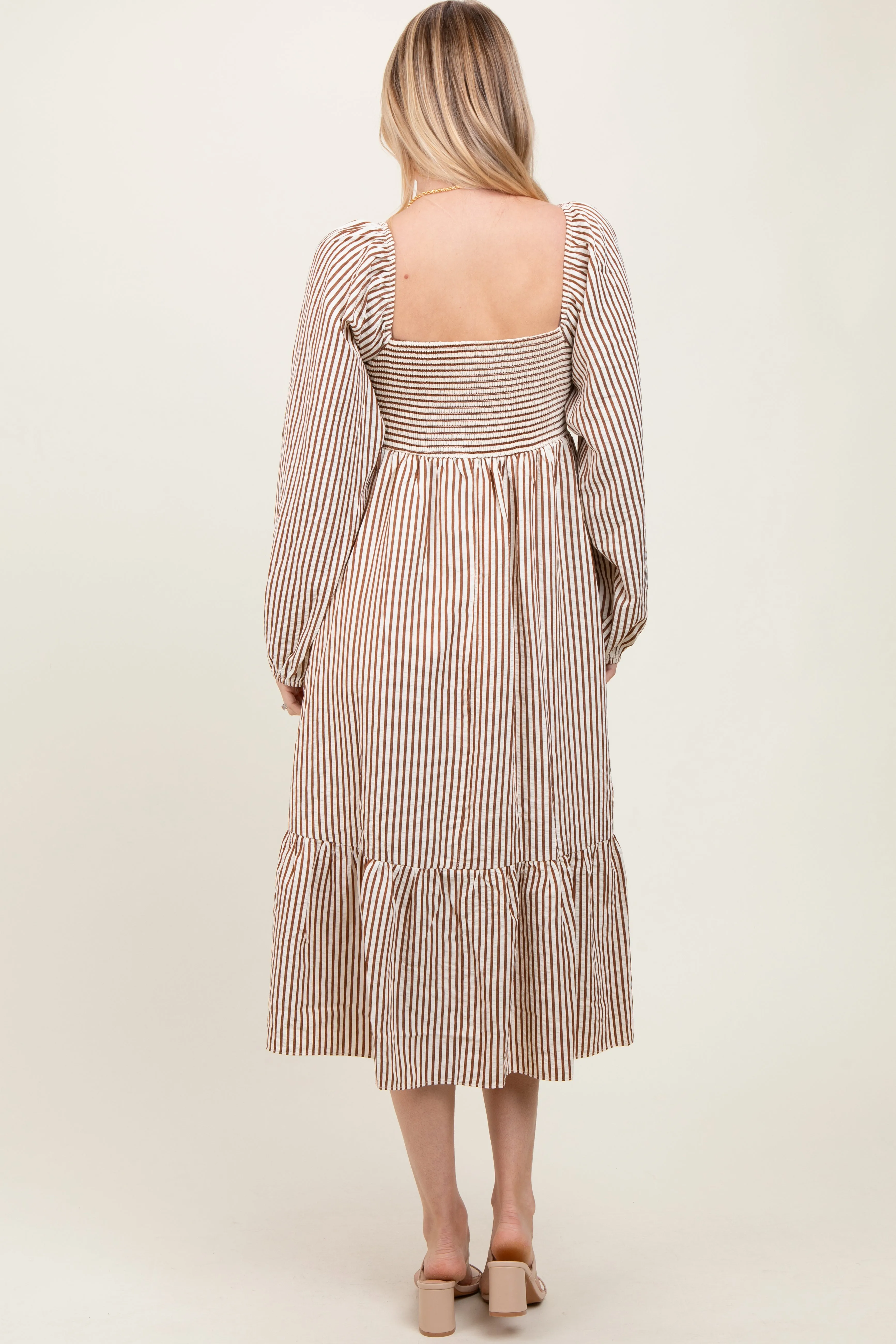 Brown Striped Ruched Bodice Balloon Sleeved Midi Dress sold by Pinkblush product image thumbnail 3