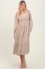 Brown Striped Ruched Bodice Balloon Sleeved Midi Dress sold by Pinkblush