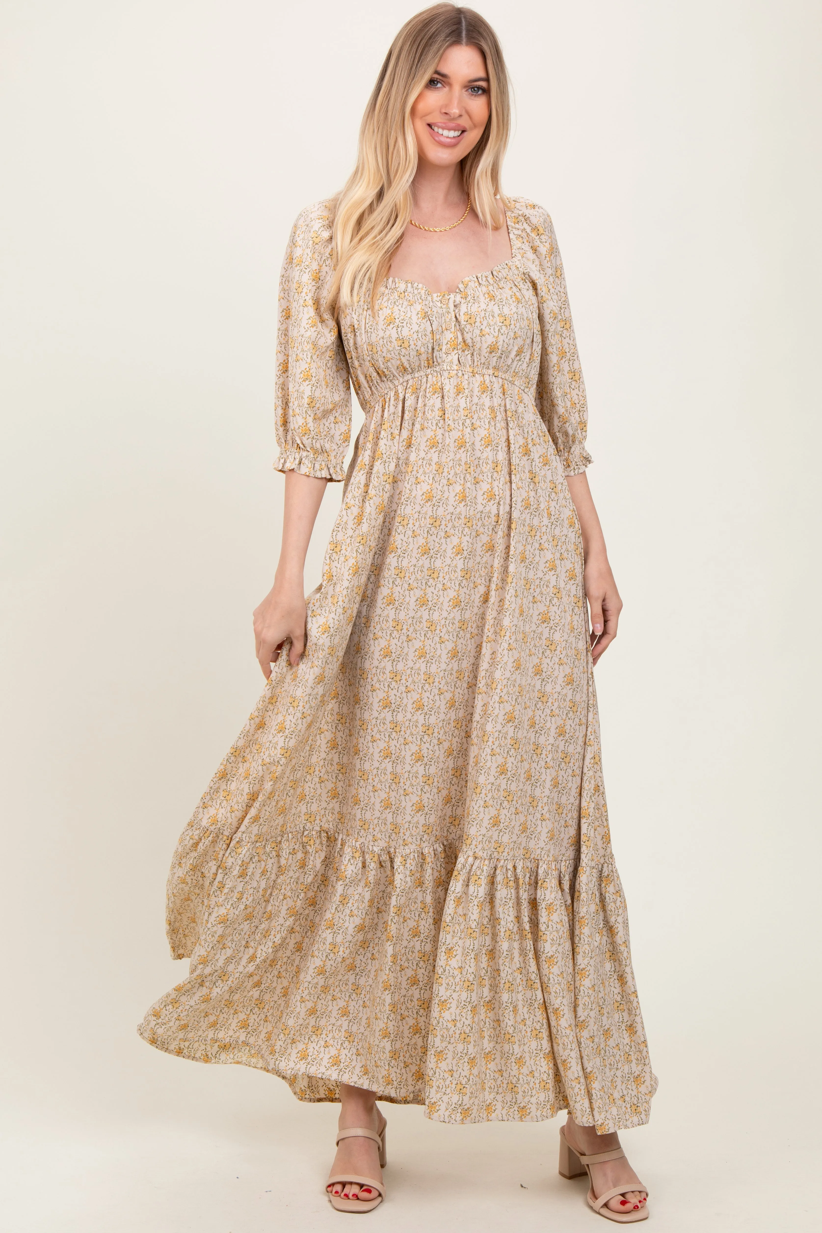 Cream Floral Sweetheart Neckline Maxi Dress sold by Pinkblush