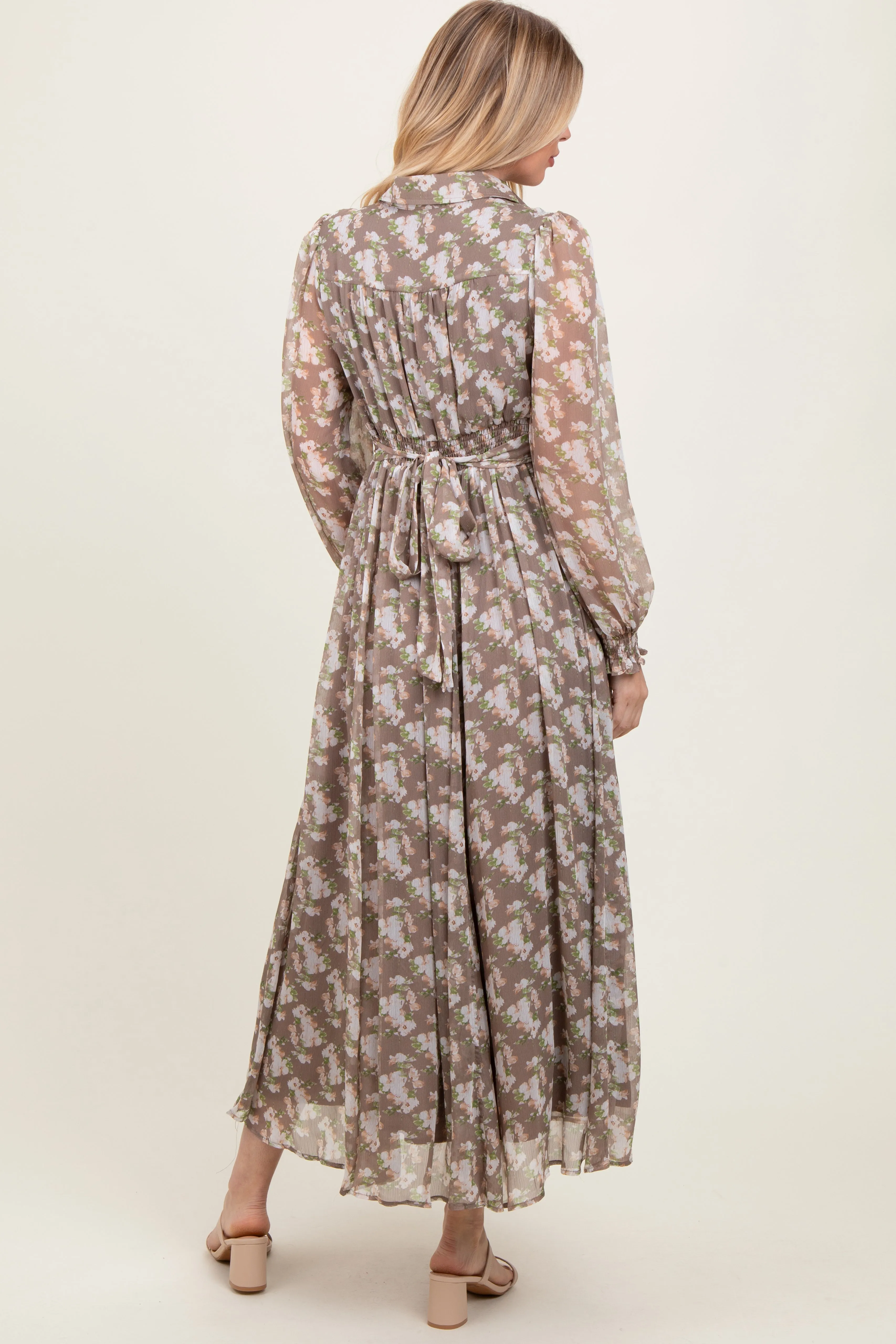Taupe Floral Chiffon Ruffle Accent Button Down Maxi Dress sold by Pinkblush product image thumbnail 4