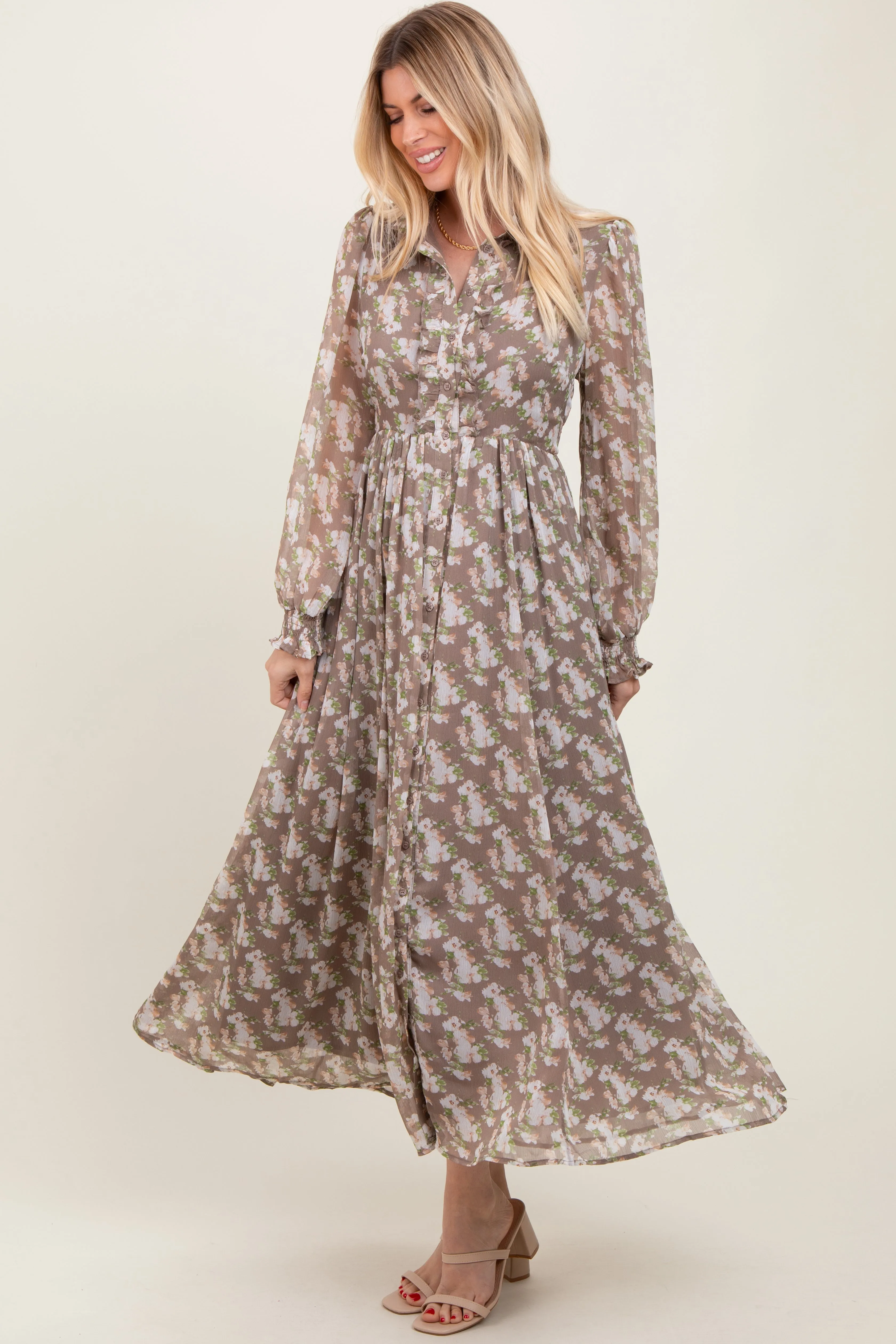 Taupe Floral Chiffon Ruffle Accent Button Down Maxi Dress sold by Pinkblush