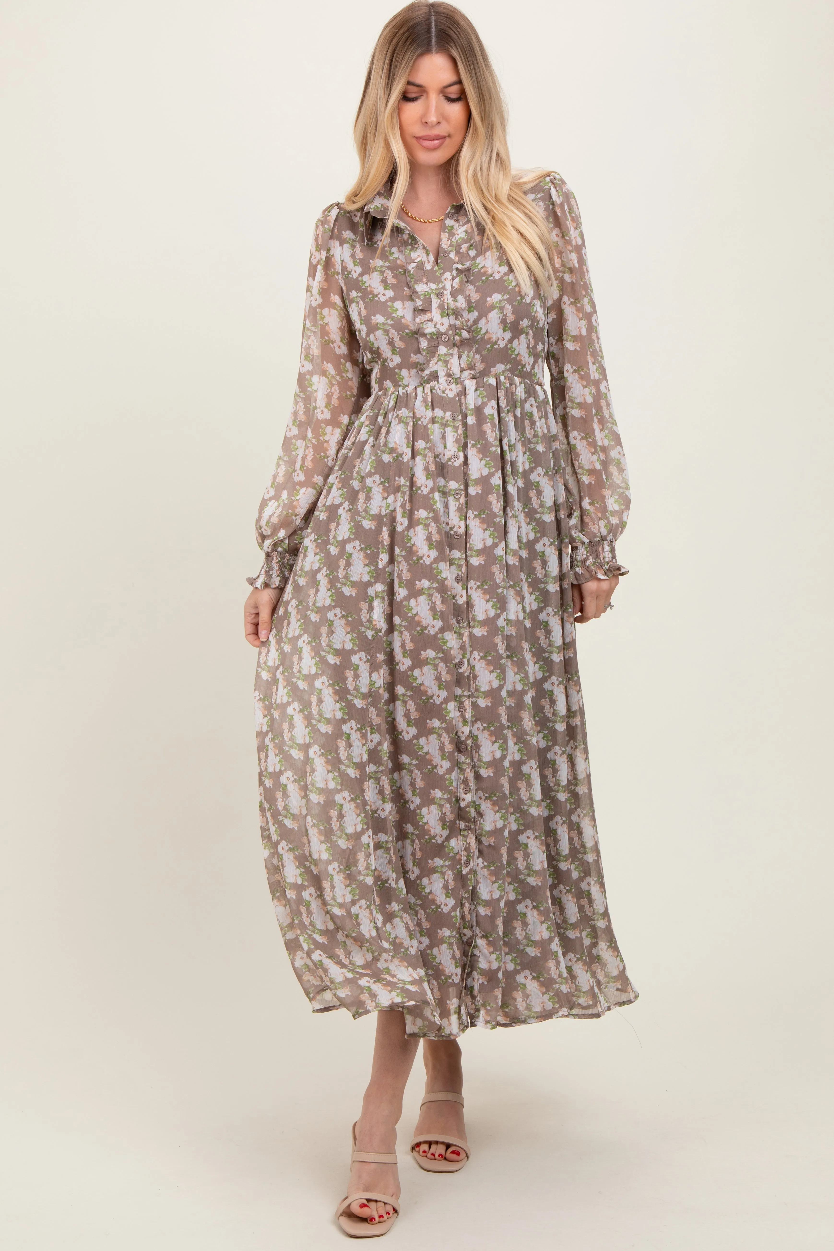 Taupe Floral Chiffon Ruffle Accent Button Down Maxi Dress sold by Pinkblush product image thumbnail 2