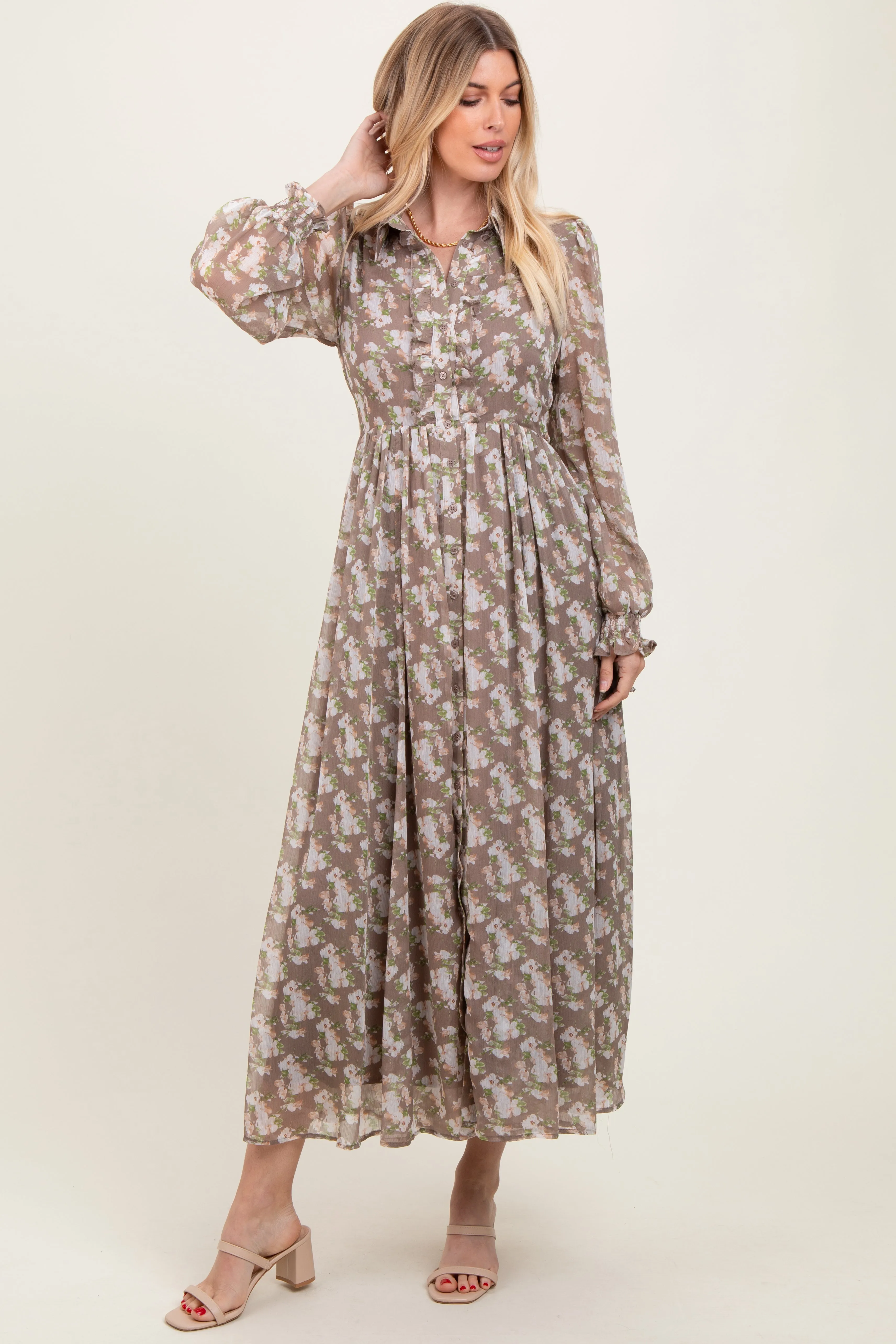Taupe Floral Chiffon Ruffle Accent Button Down Maxi Dress sold by Pinkblush product image thumbnail 3