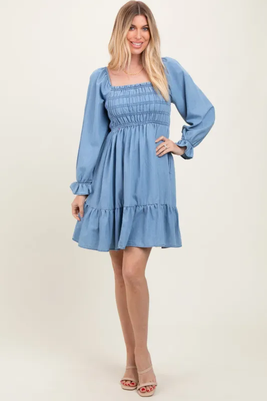 Light Blue Vintage Wash Chambray Smocked Midi Dress sold by Pinkblush