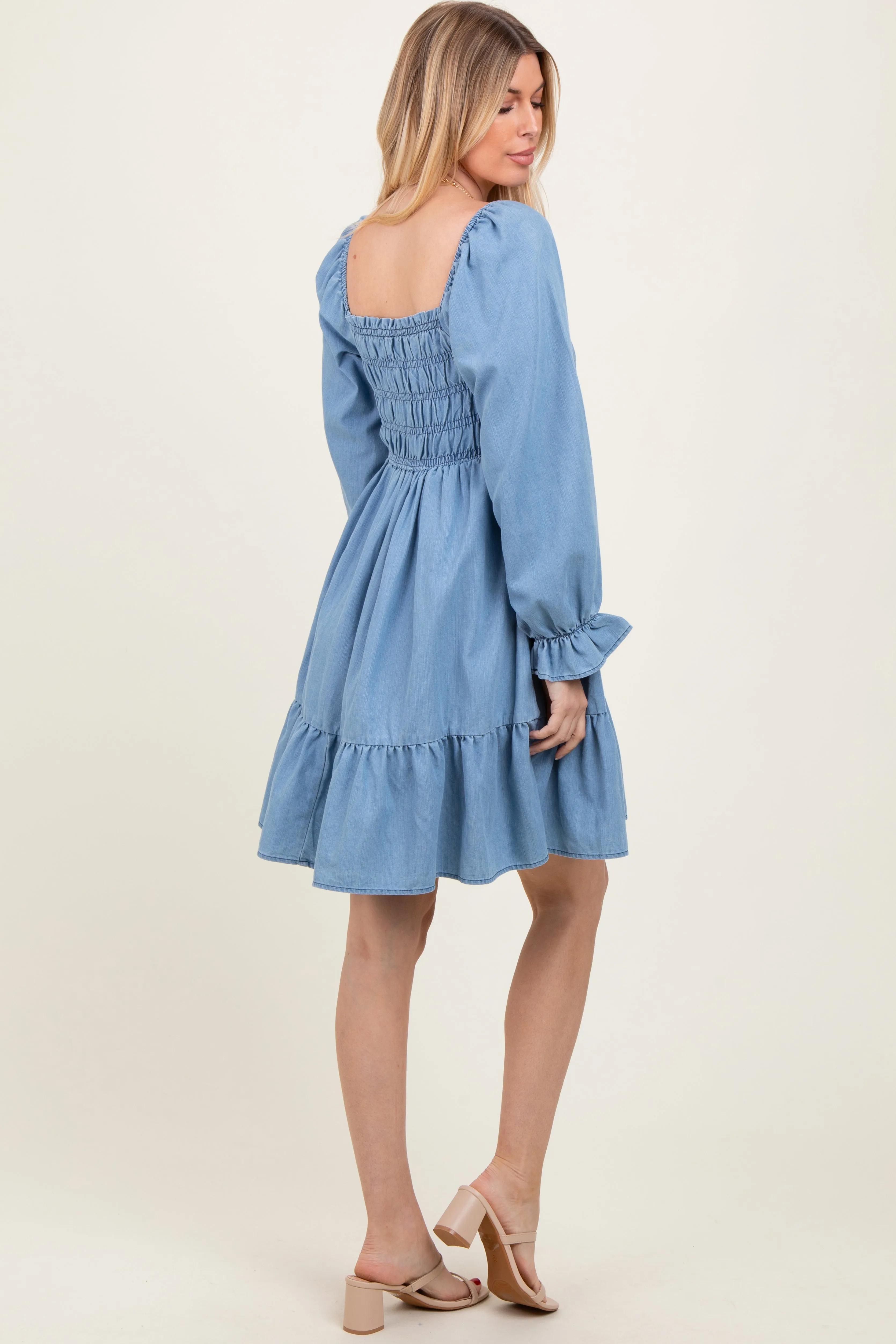 Light Blue Vintage Wash Chambray Smocked Midi Dress sold by Pinkblush product image thumbnail 4