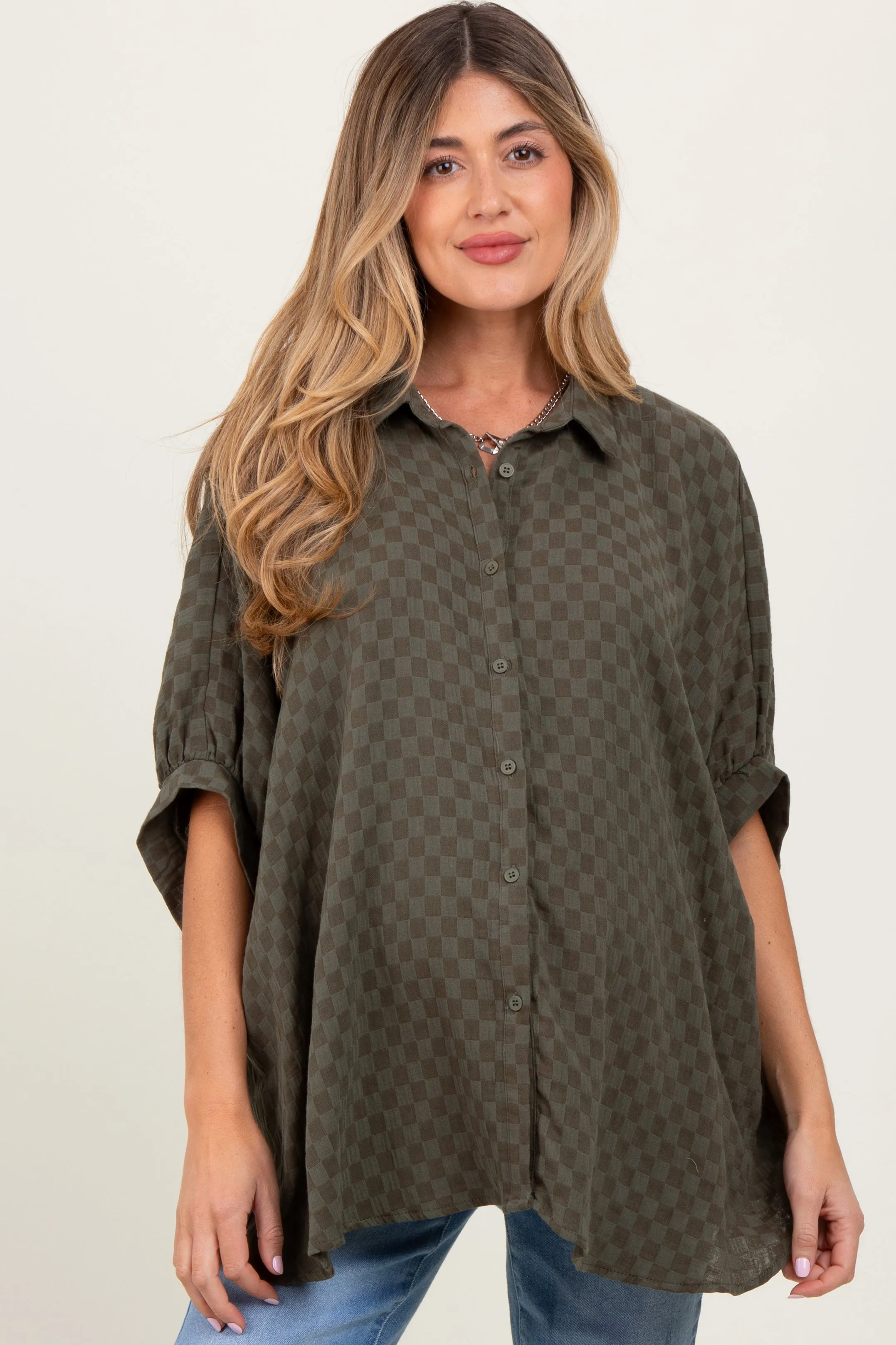 Olive Checker Print Short Sleeve Oversized Maternity Blouse sold by Pinkblush