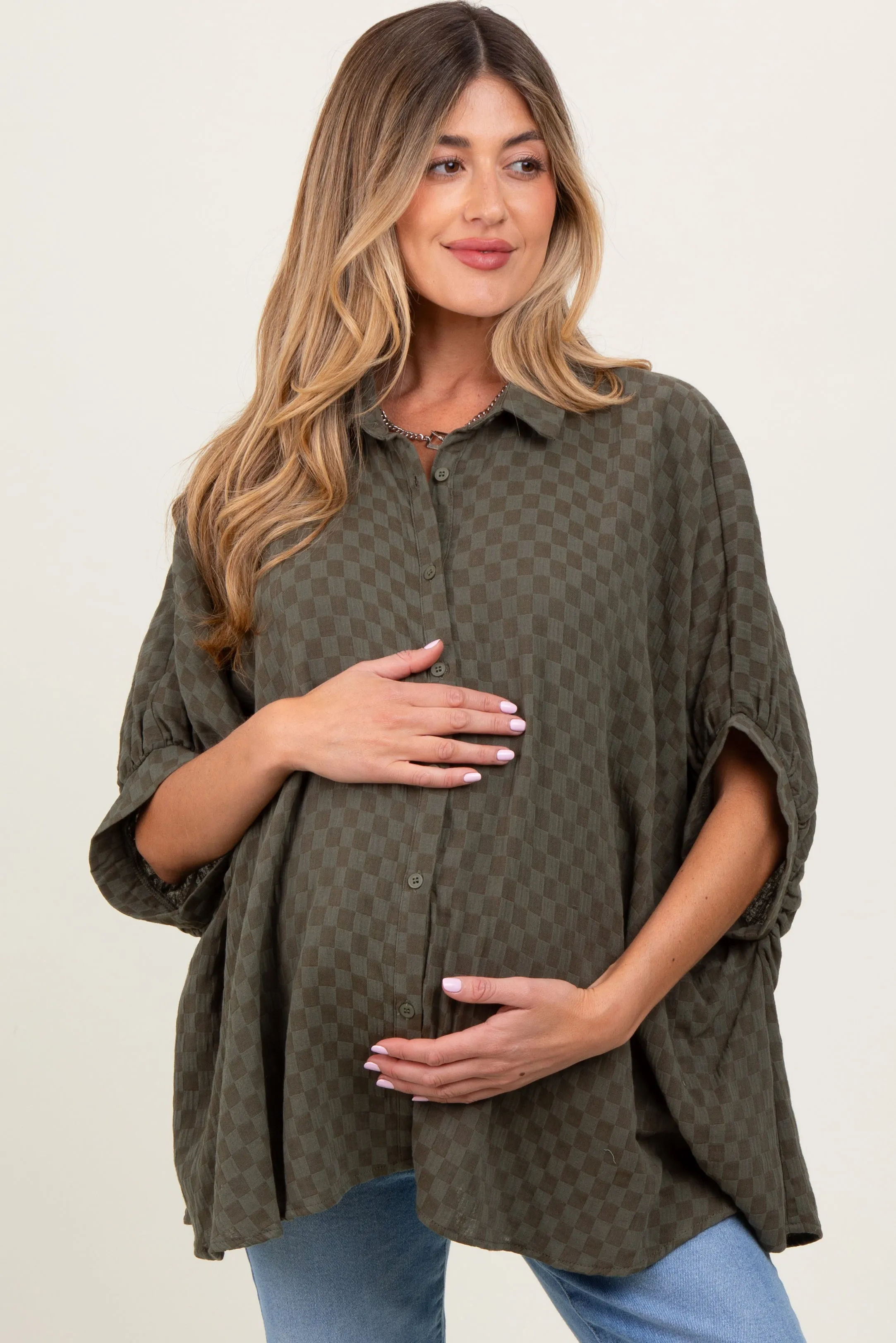 Olive Checker Print Short Sleeve Oversized Maternity Blouse sold by Pinkblush product image thumbnail 2