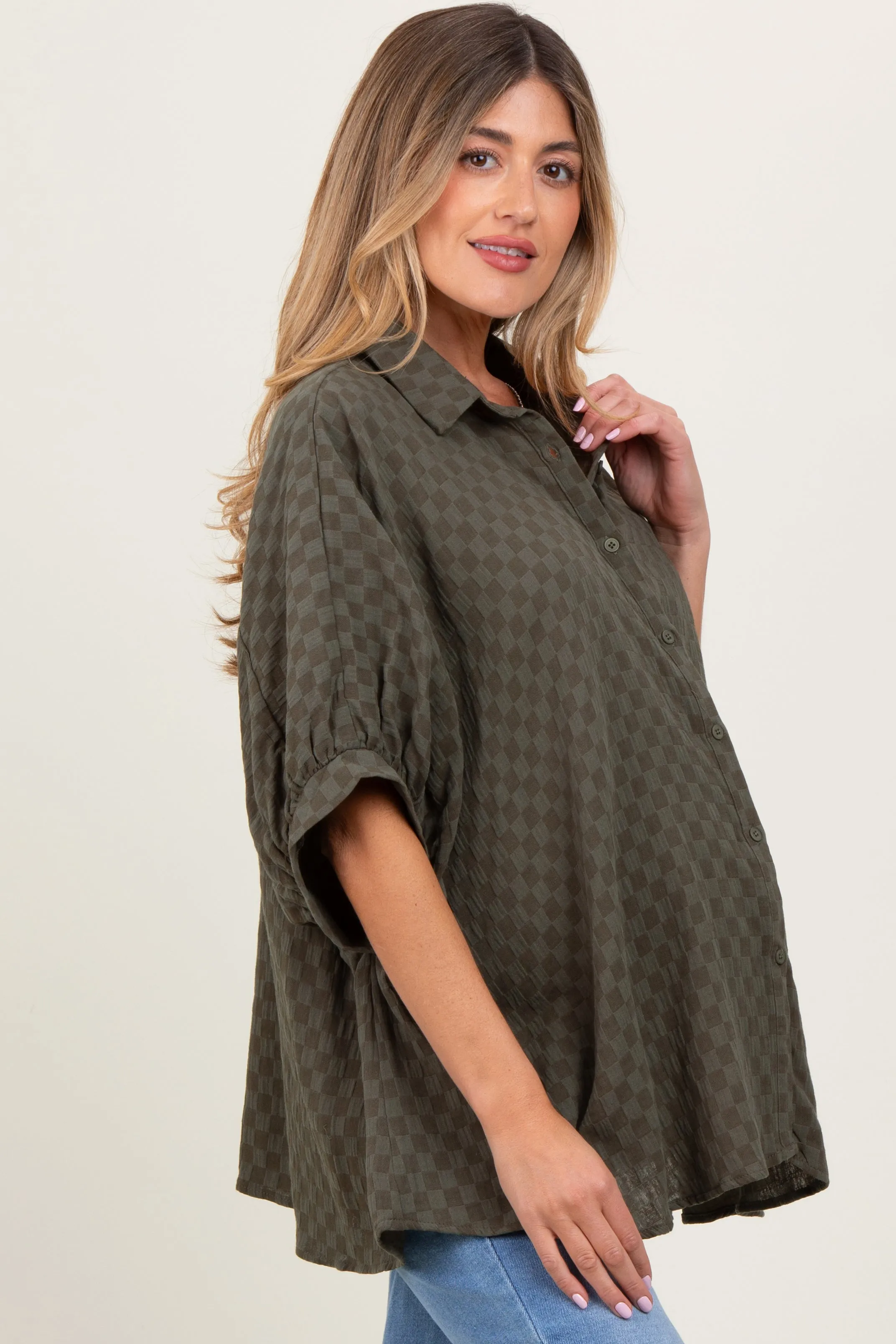 Olive Checker Print Short Sleeve Oversized Maternity Blouse sold by Pinkblush product image thumbnail 3