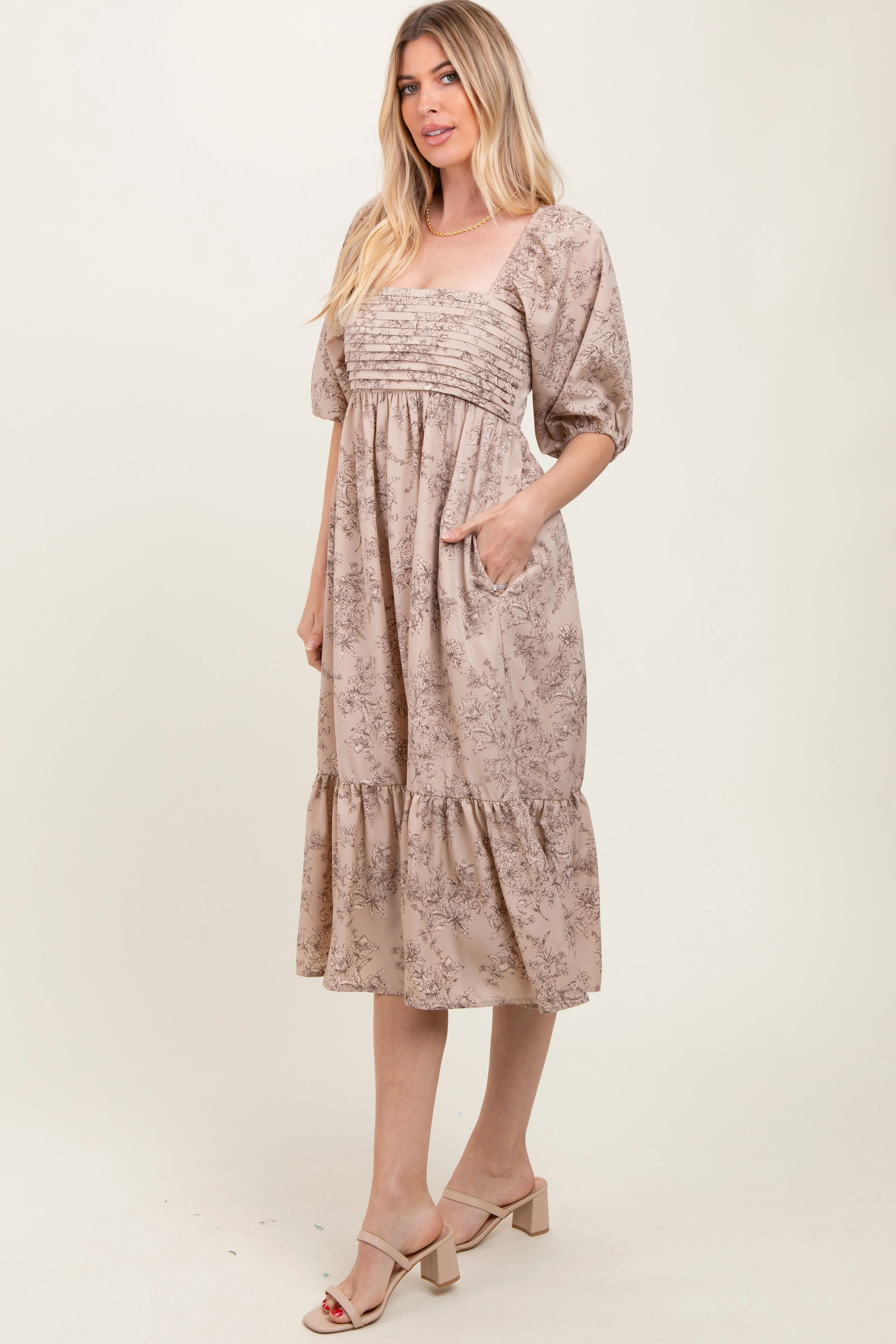 Beige Floral Pleated Bodice Midi Dress sold by Pinkblush product image thumbnail 3
