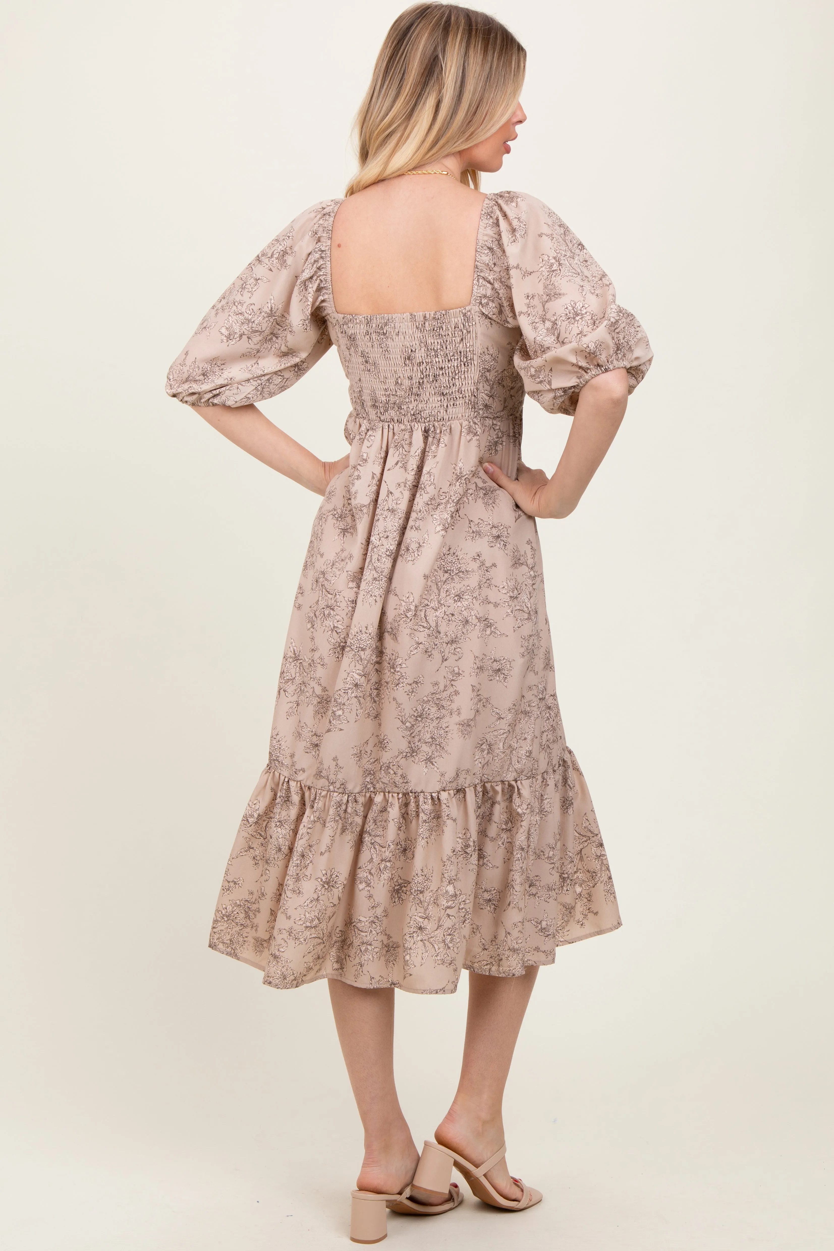 Beige Floral Pleated Bodice Midi Dress sold by Pinkblush product image thumbnail 4