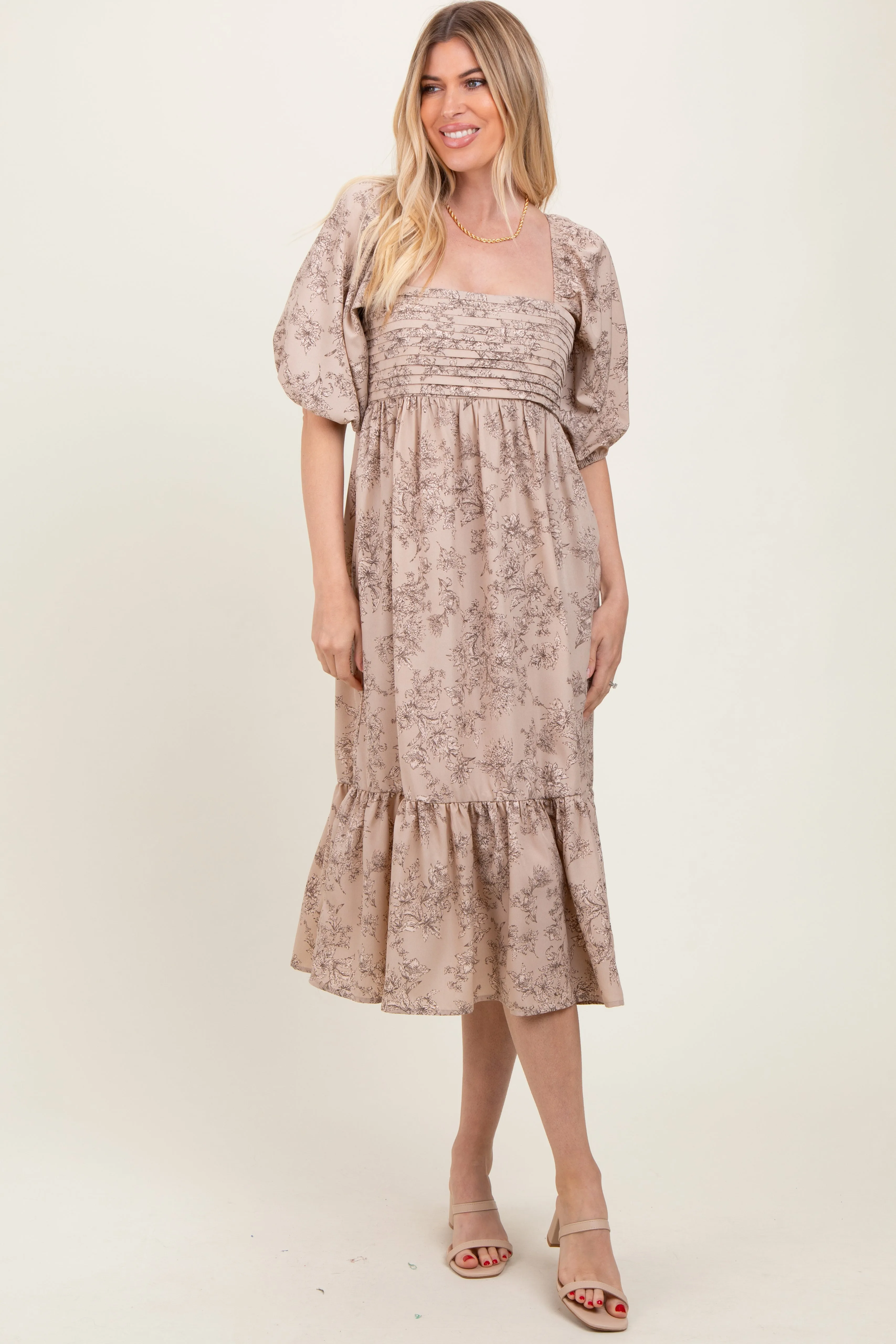 Beige Floral Pleated Bodice Midi Dress sold by Pinkblush