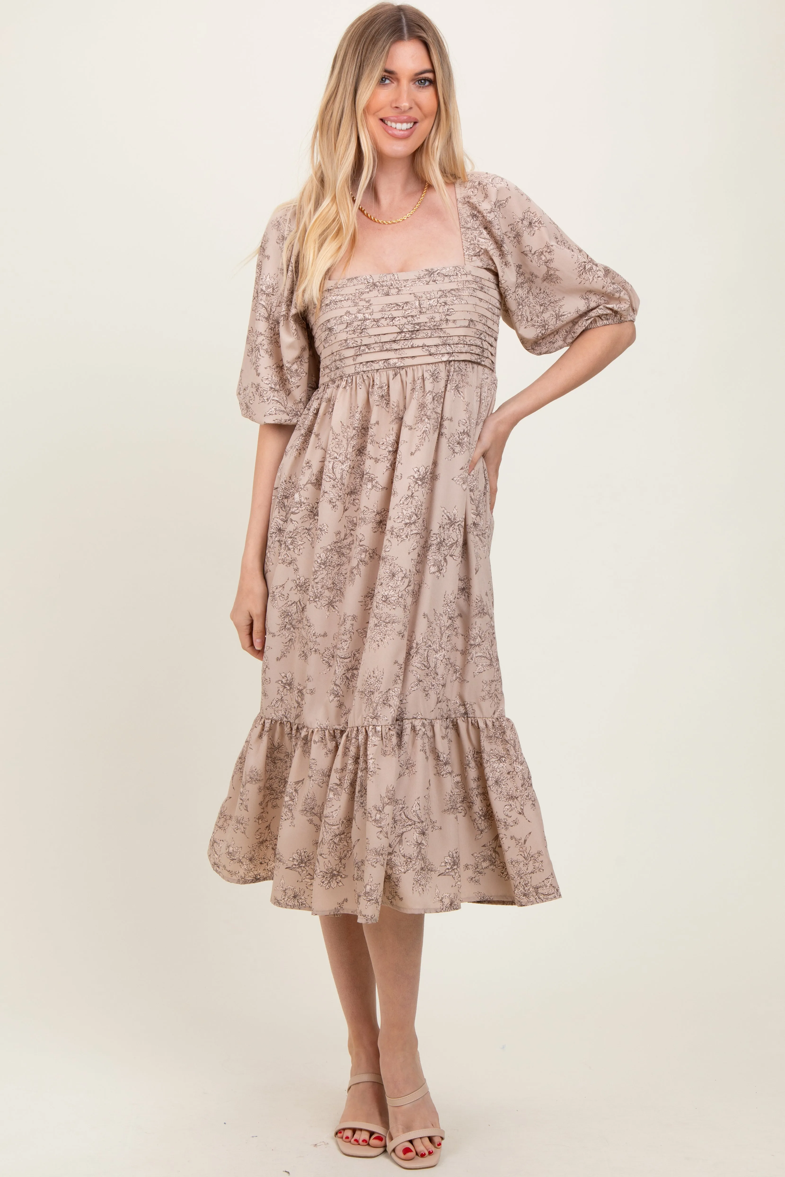 Beige Floral Pleated Bodice Midi Dress sold by Pinkblush product image thumbnail 2