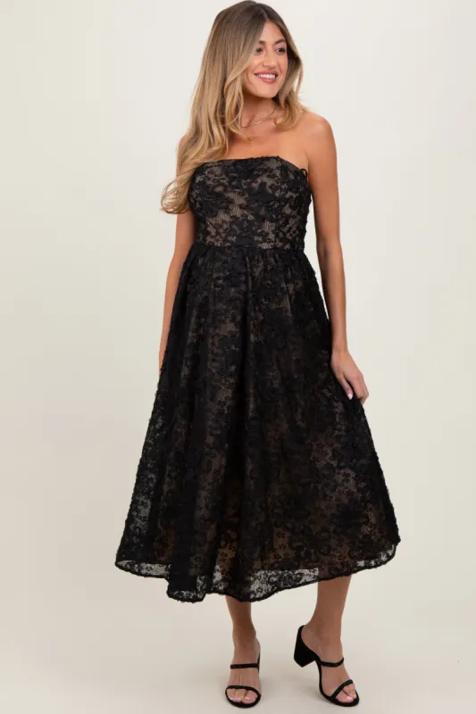 Black Floral Lace Embroidered Overlay Strapless Maternity Midi Dress sold by Pinkblush