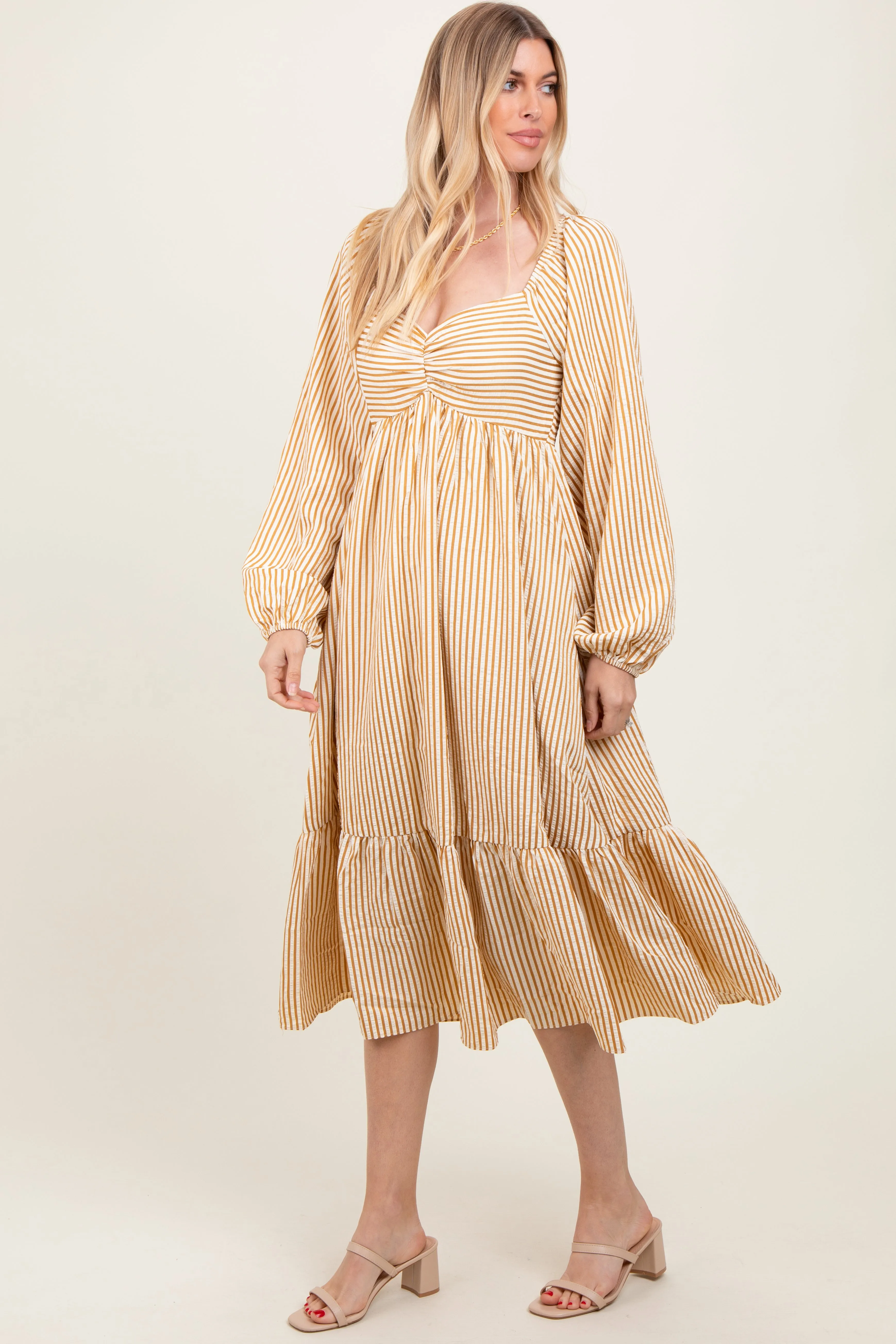 Yellow Striped Ruched Bodice Balloon Sleeved Midi Dress sold by Pinkblush product image thumbnail 3