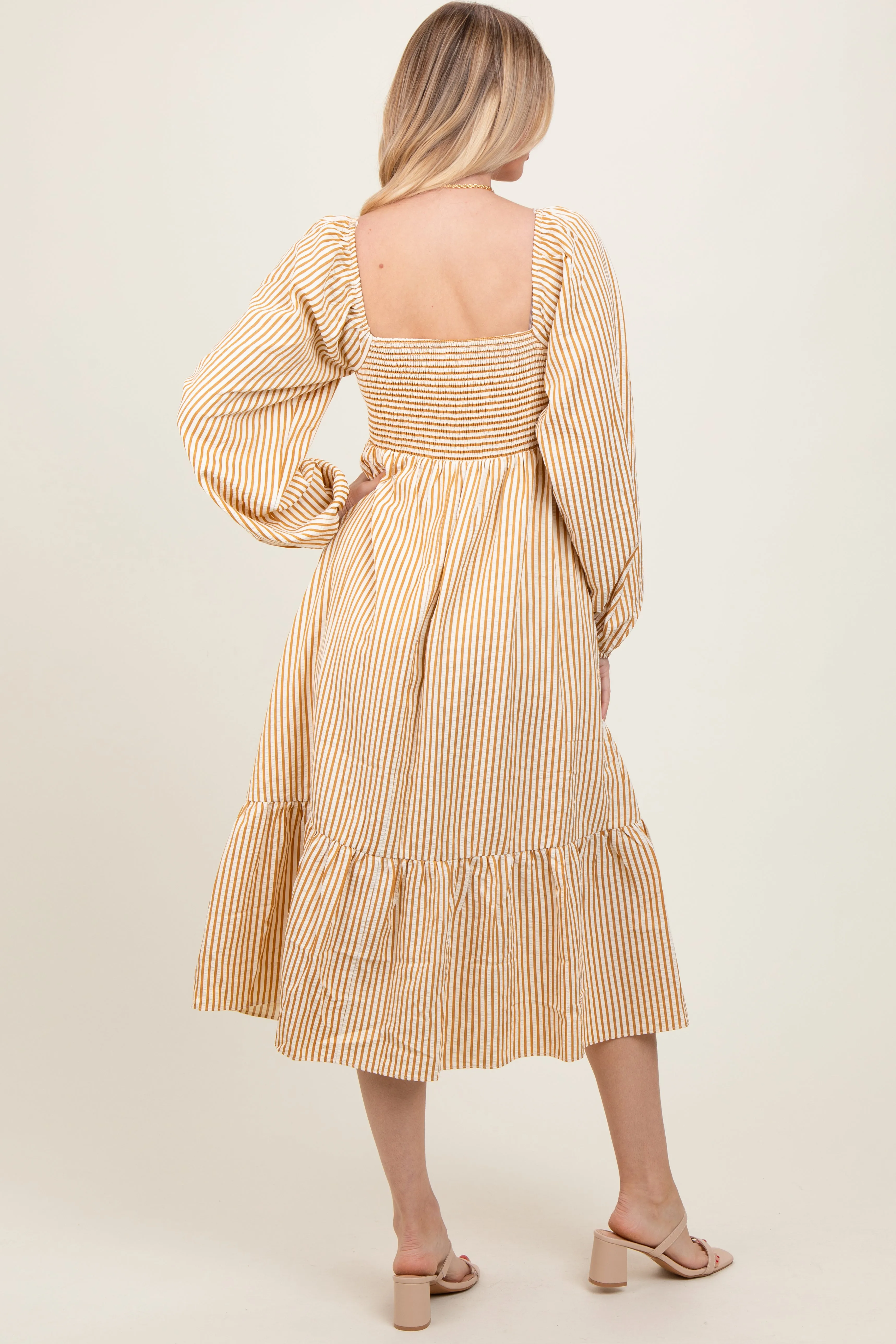 Yellow Striped Ruched Bodice Balloon Sleeved Midi Dress sold by Pinkblush product image thumbnail 4