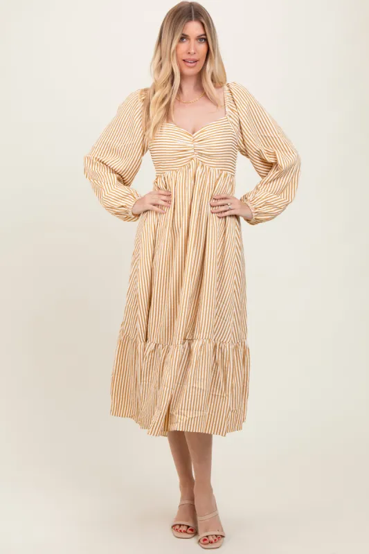 Yellow Striped Ruched Bodice Balloon Sleeved Midi Dress sold by Pinkblush