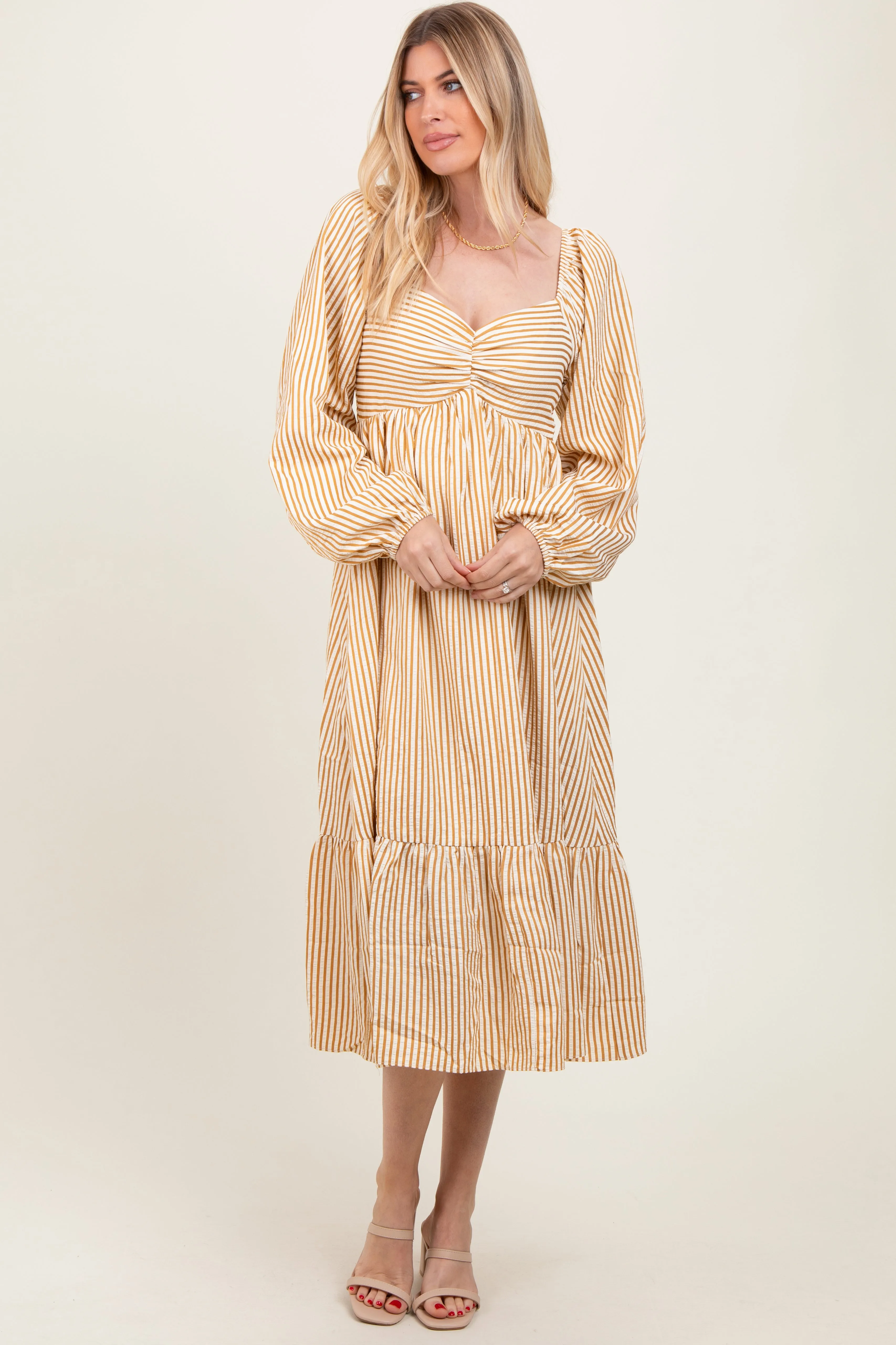 Yellow Striped Ruched Bodice Balloon Sleeved Midi Dress sold by Pinkblush product image thumbnail 2