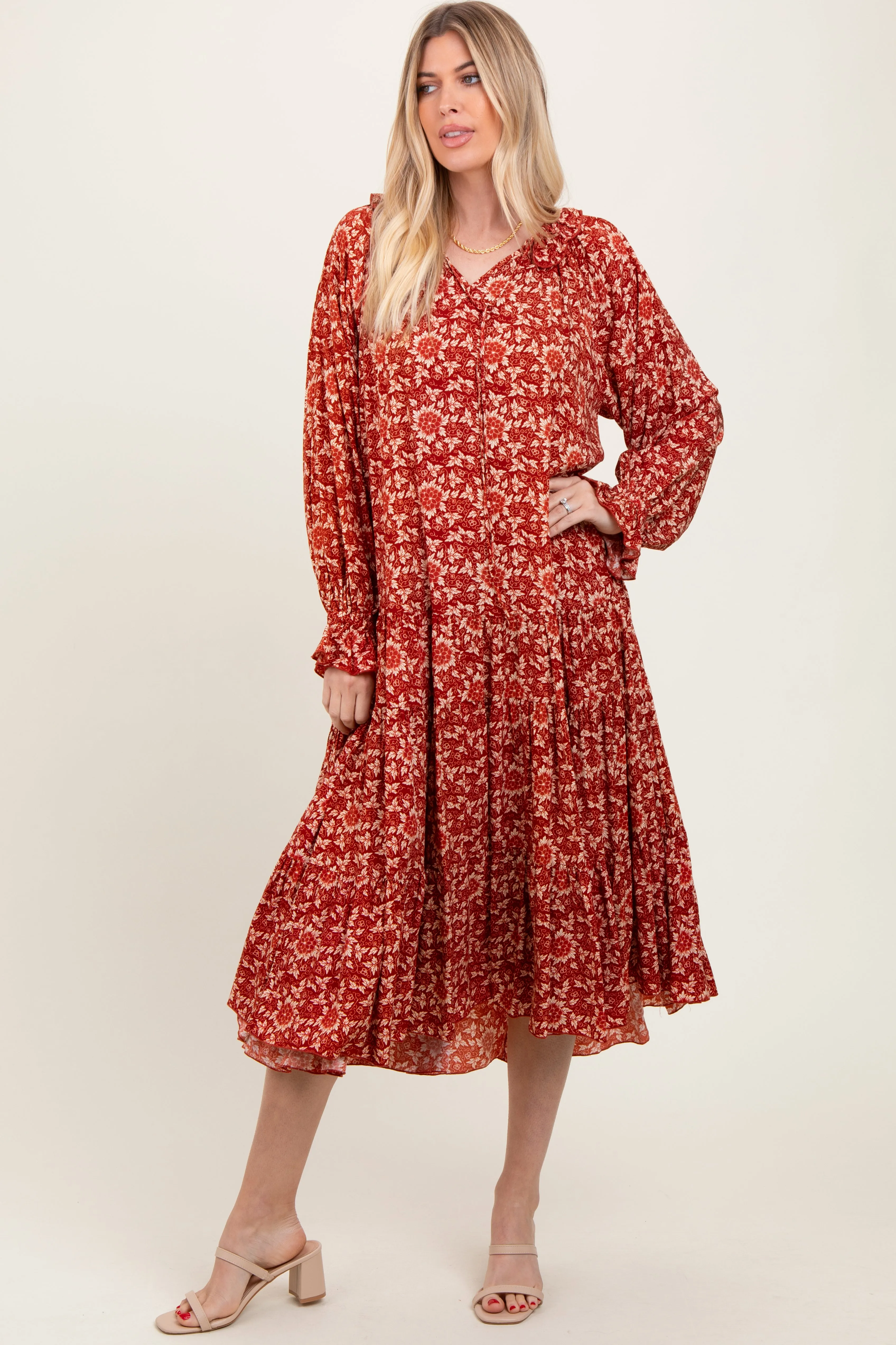 Burgundy Floral Tie Neckline Tiered Maxi Dress sold by Pinkblush product image thumbnail 2