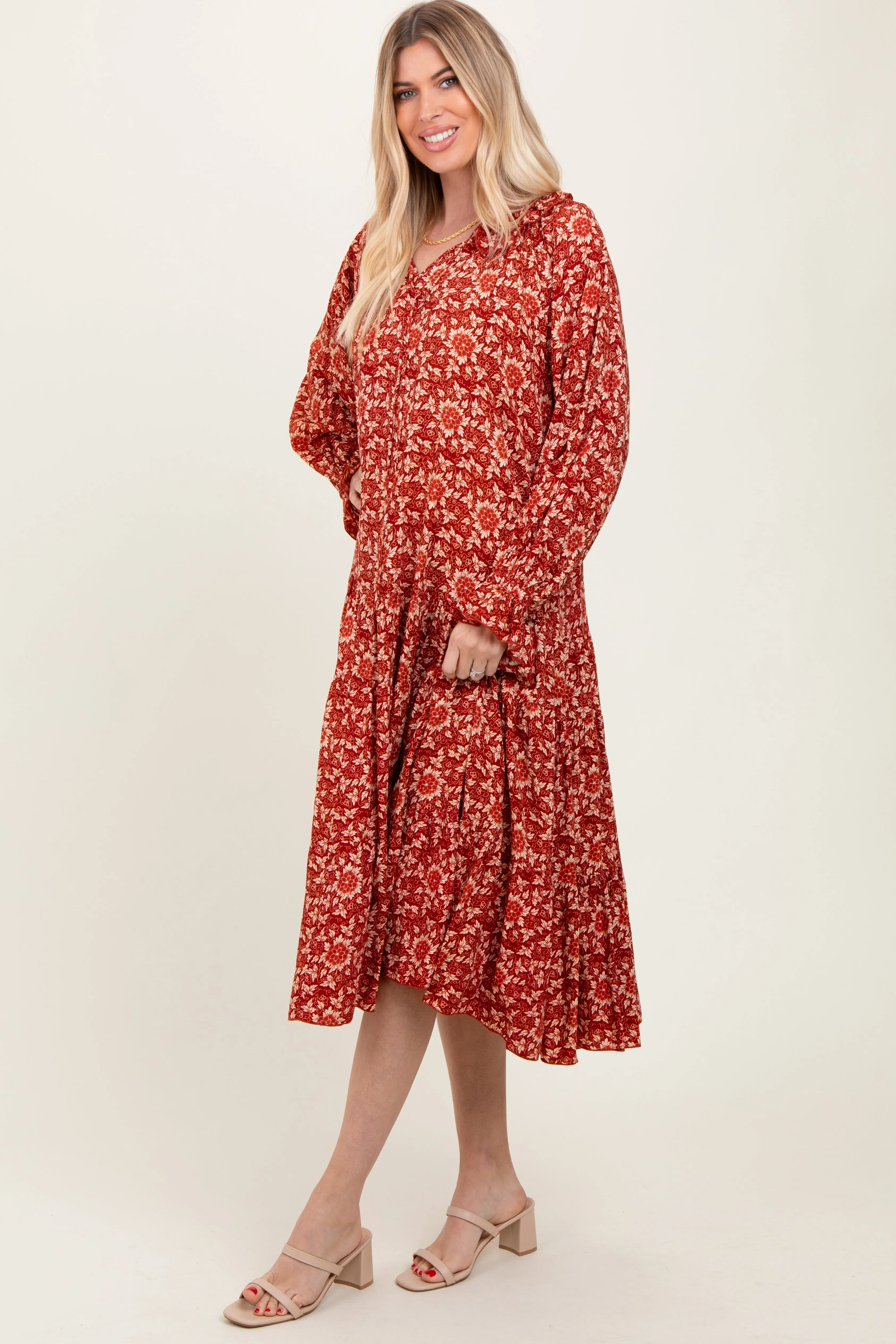 Burgundy Floral Tie Neckline Tiered Maxi Dress sold by Pinkblush product image thumbnail 3