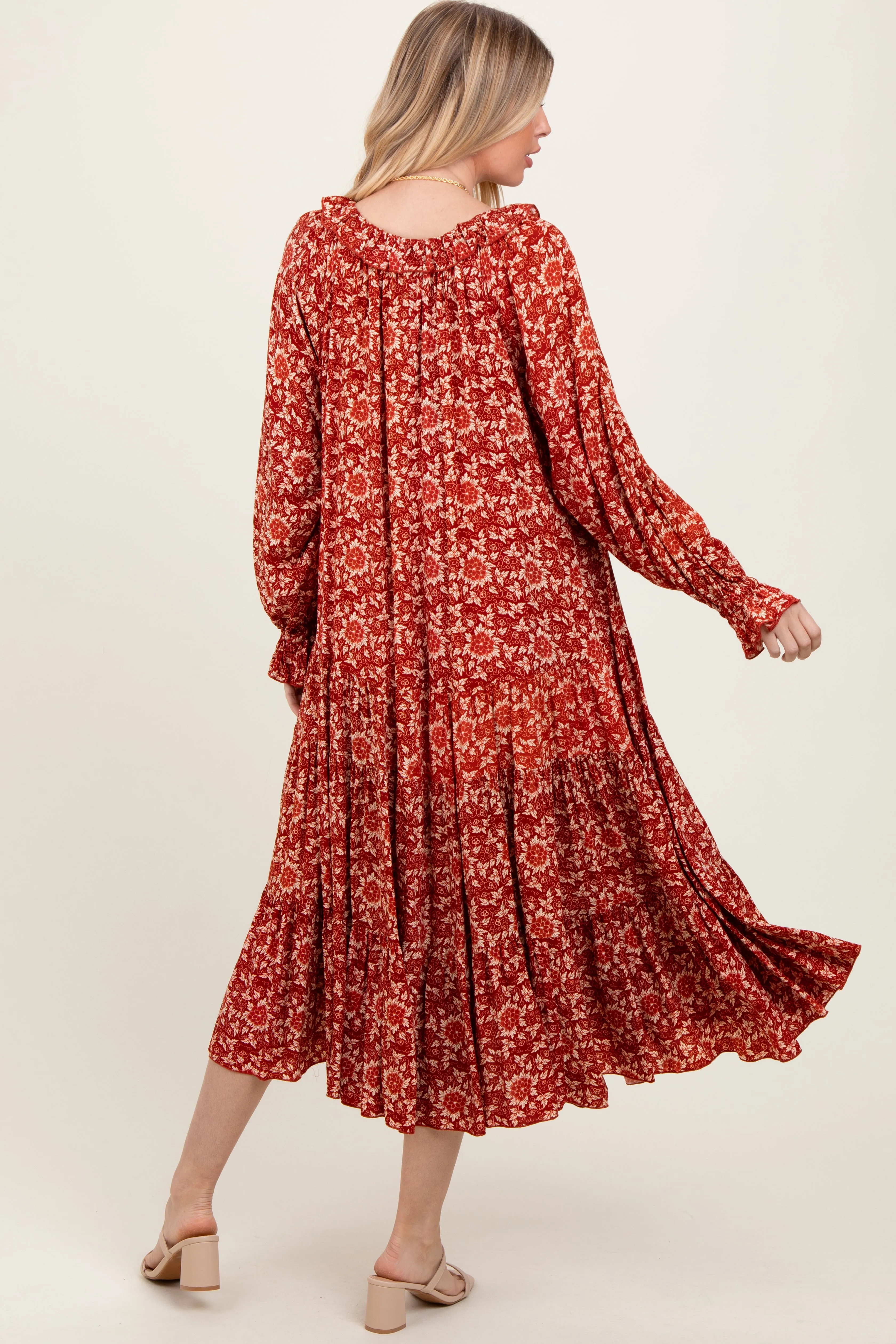 Burgundy Floral Tie Neckline Tiered Maxi Dress sold by Pinkblush product image thumbnail 4