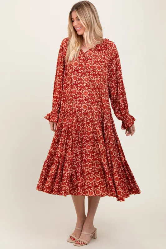 Burgundy Floral Tie Neckline Tiered Maxi Dress sold by Pinkblush