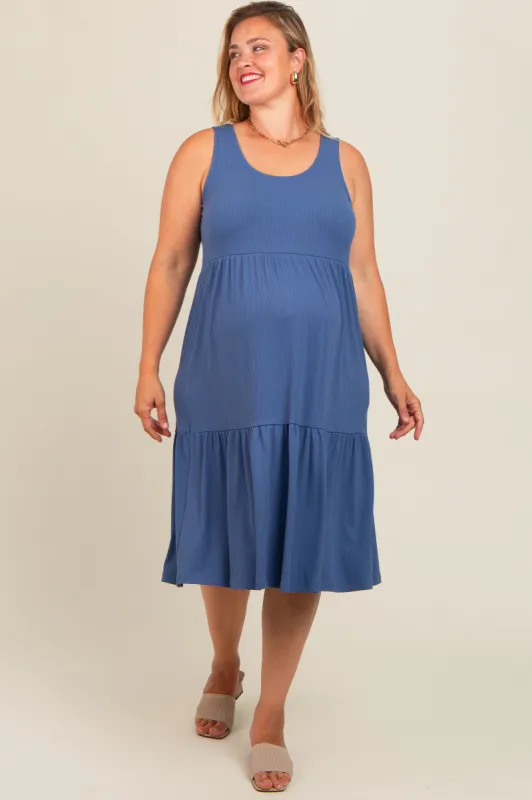 Blue Tiered Sleeveless Maternity Plus Midi Dress sold by Pinkblush