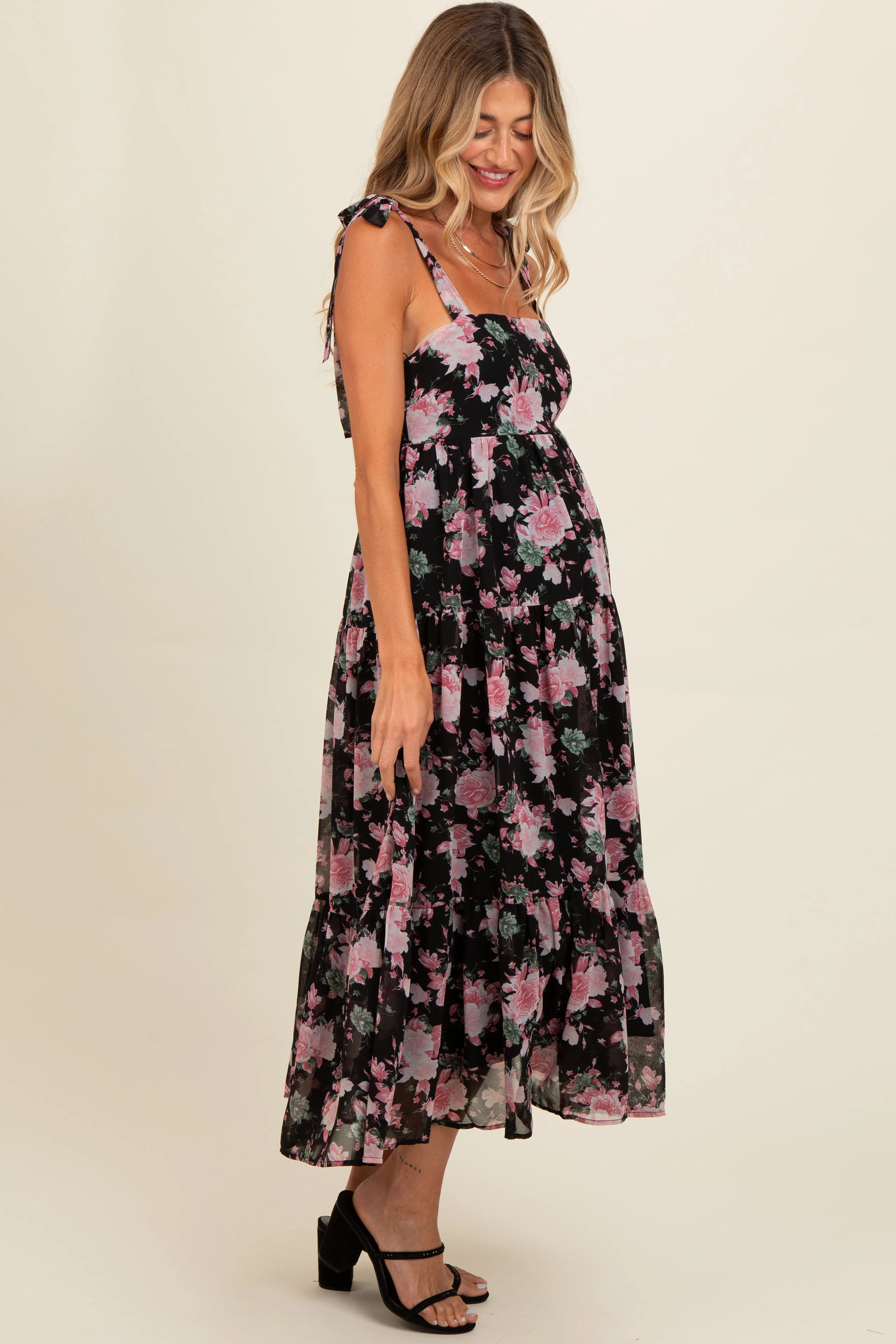 Black Floral Print Tie Strap Maternity Midi Dress sold by Pinkblush product image thumbnail 3