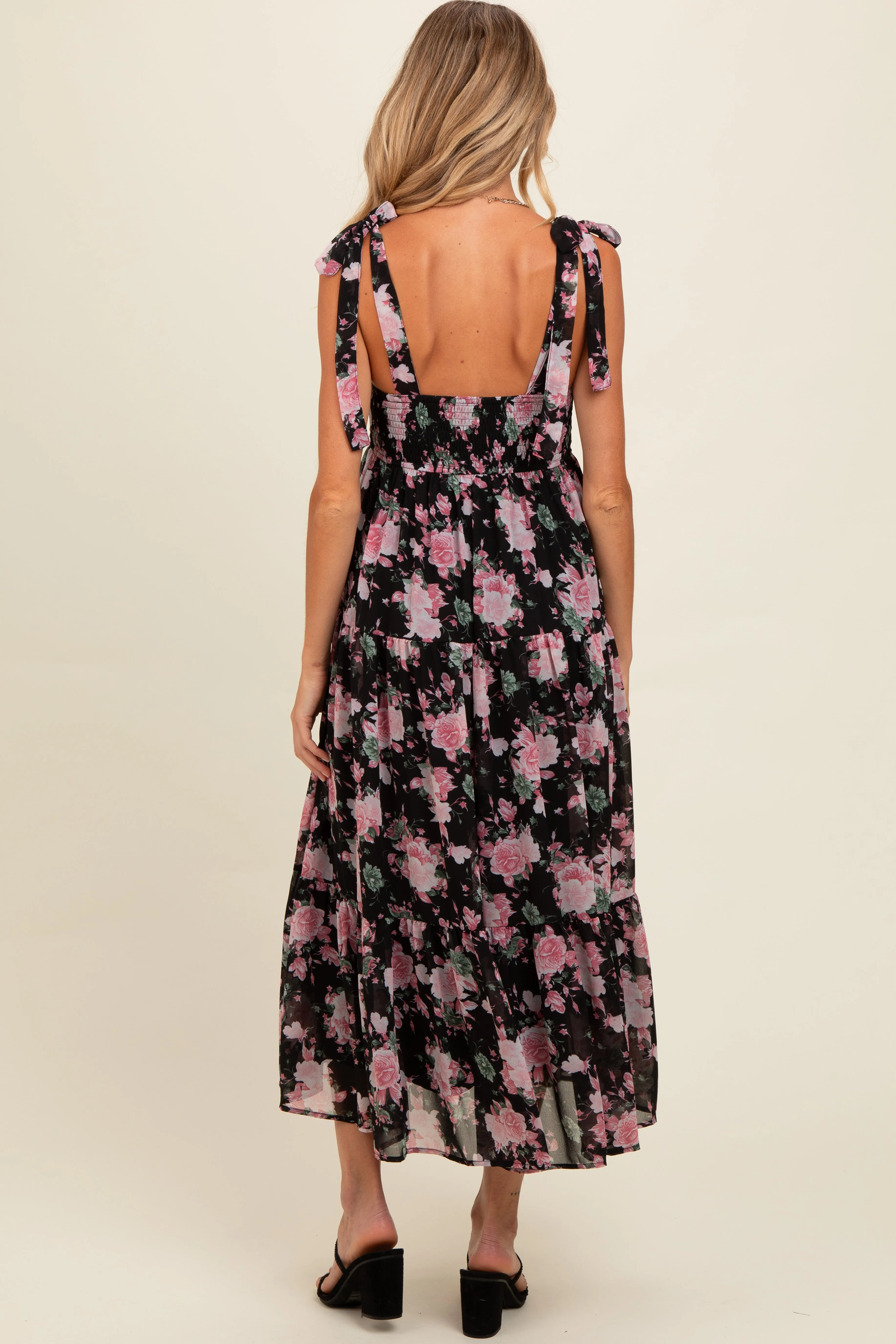 Black Floral Print Tie Strap Maternity Midi Dress sold by Pinkblush product image thumbnail 4