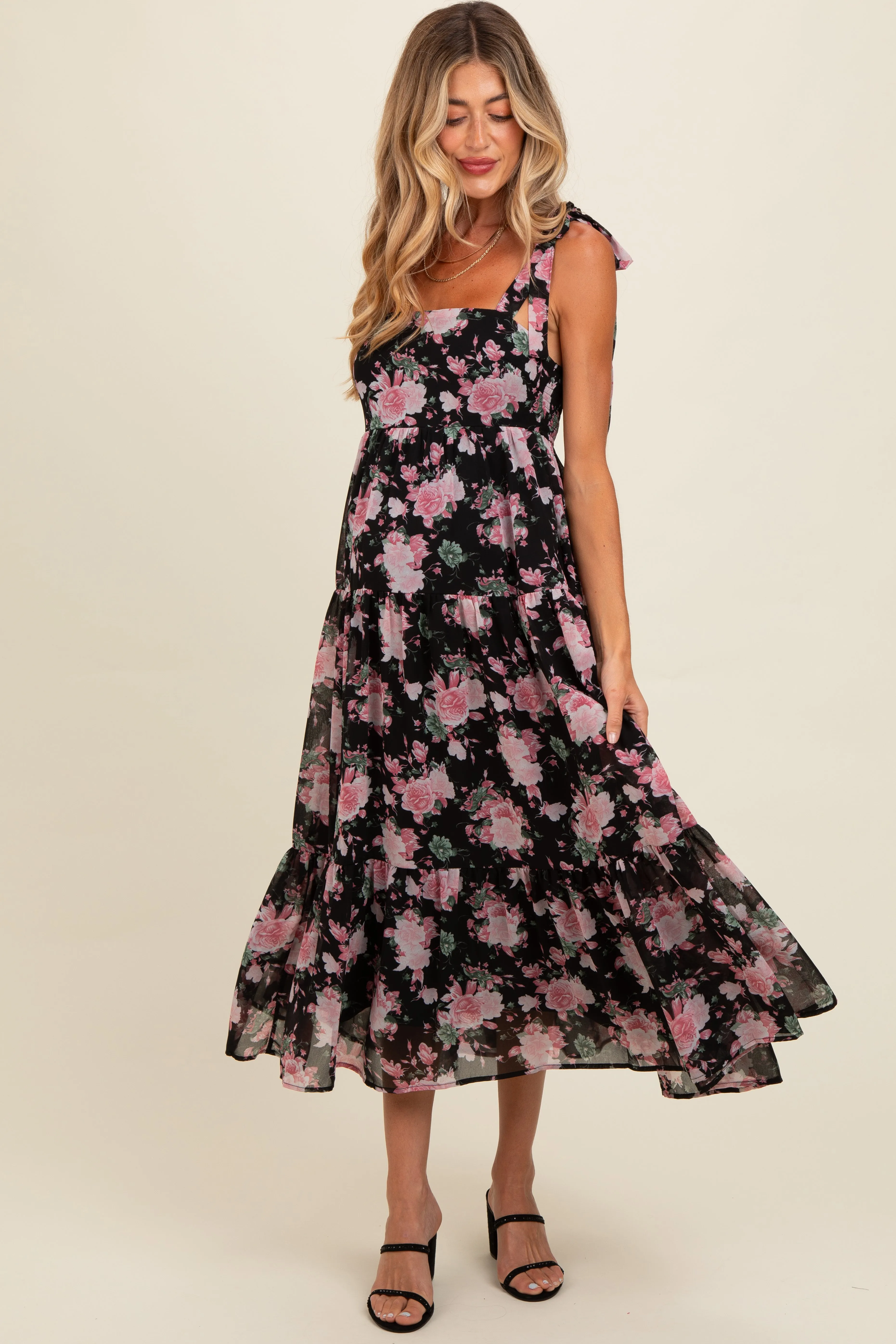 Black Floral Print Tie Strap Maternity Midi Dress sold by Pinkblush
