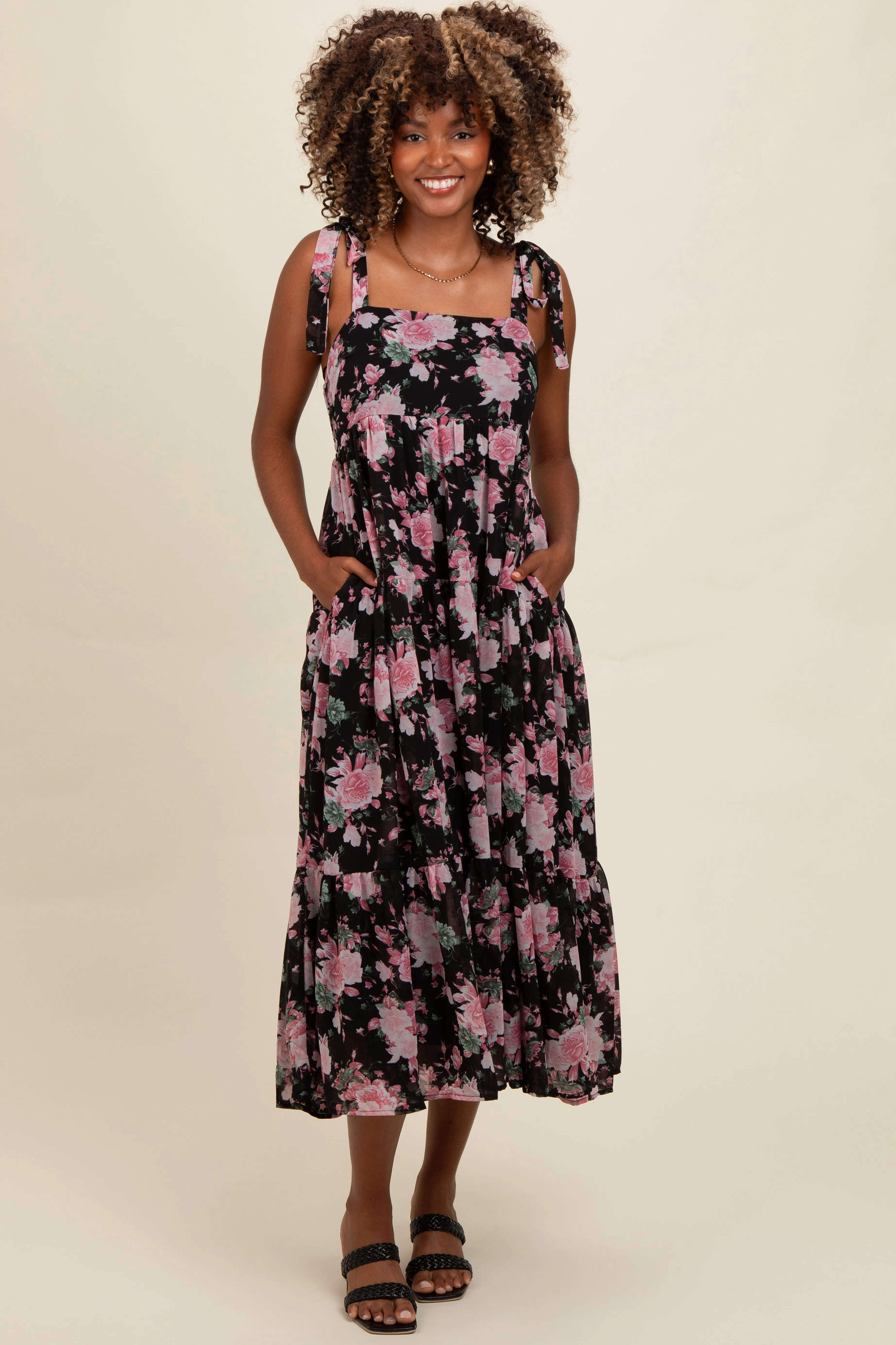 Black Floral Print Tie Strap Maternity Midi Dress sold by Pinkblush product image thumbnail 5