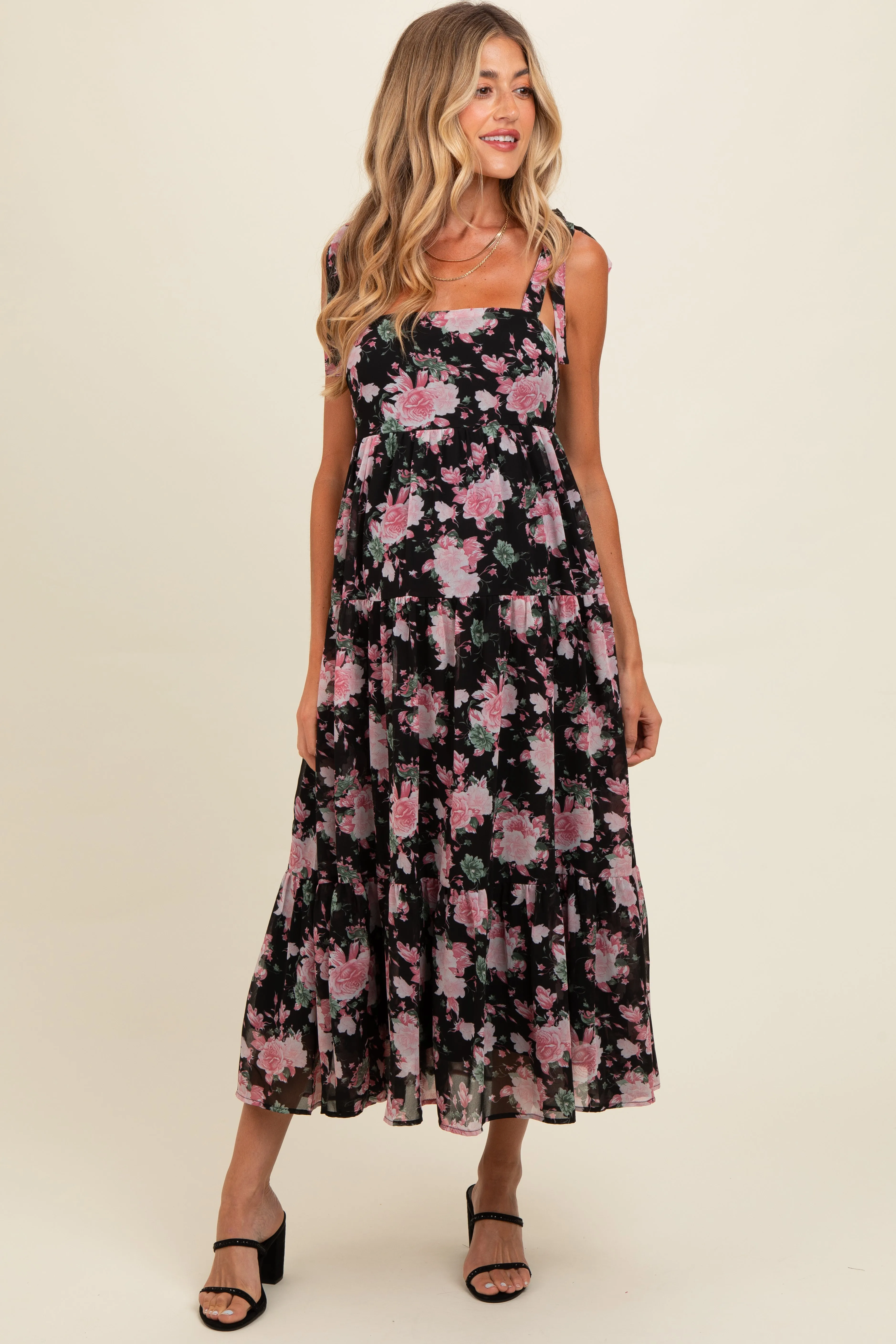 Black Floral Print Tie Strap Maternity Midi Dress sold by Pinkblush product image thumbnail 2