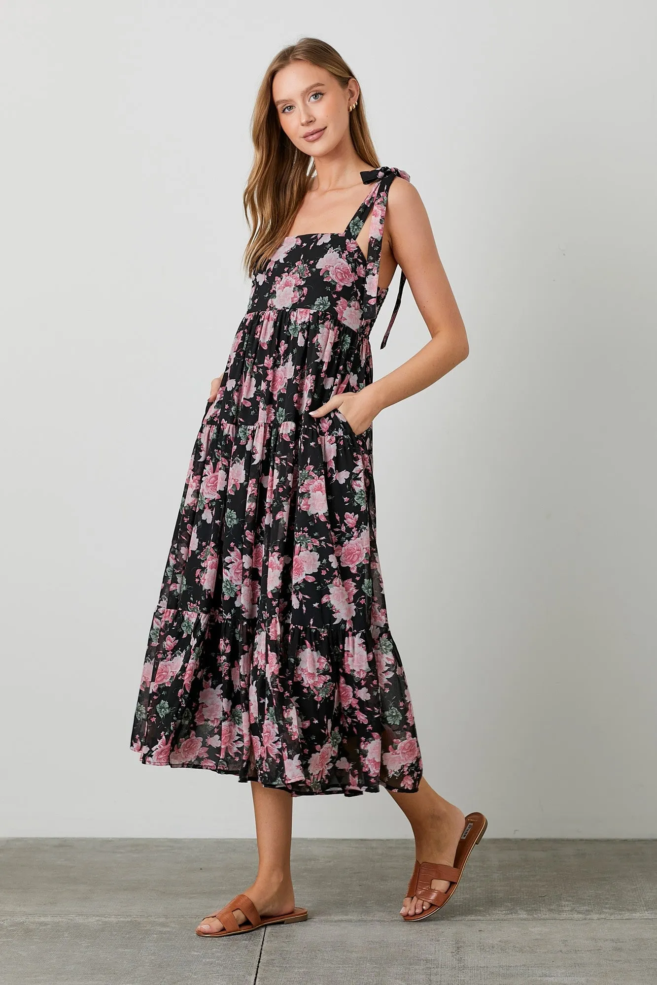 Black Floral Print Tie Strap Midi Dress sold by Pinkblush product image thumbnail 4