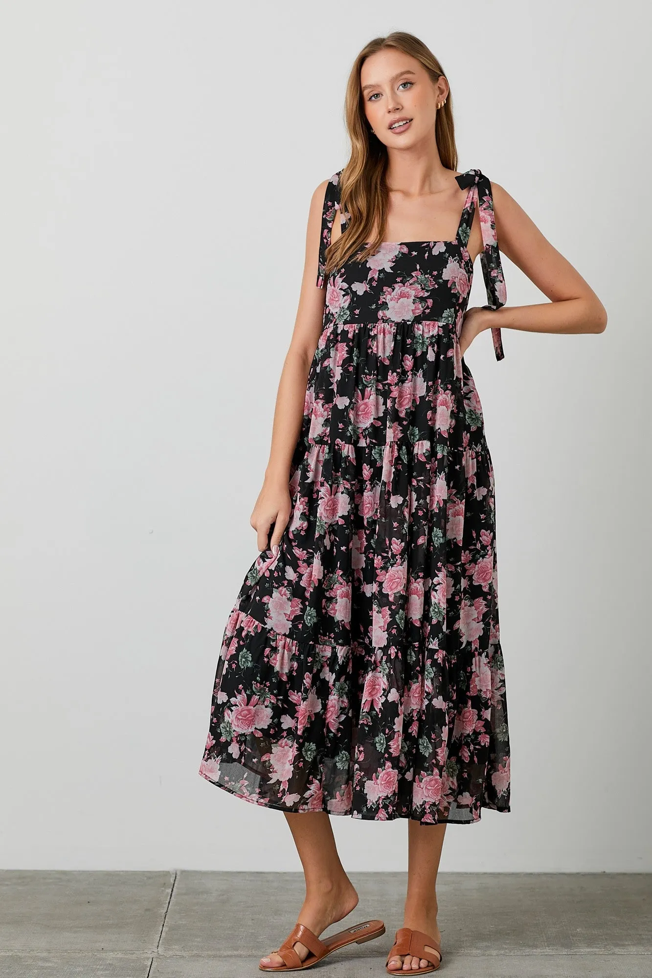 Black Floral Print Tie Strap Midi Dress sold by Pinkblush product image thumbnail 5