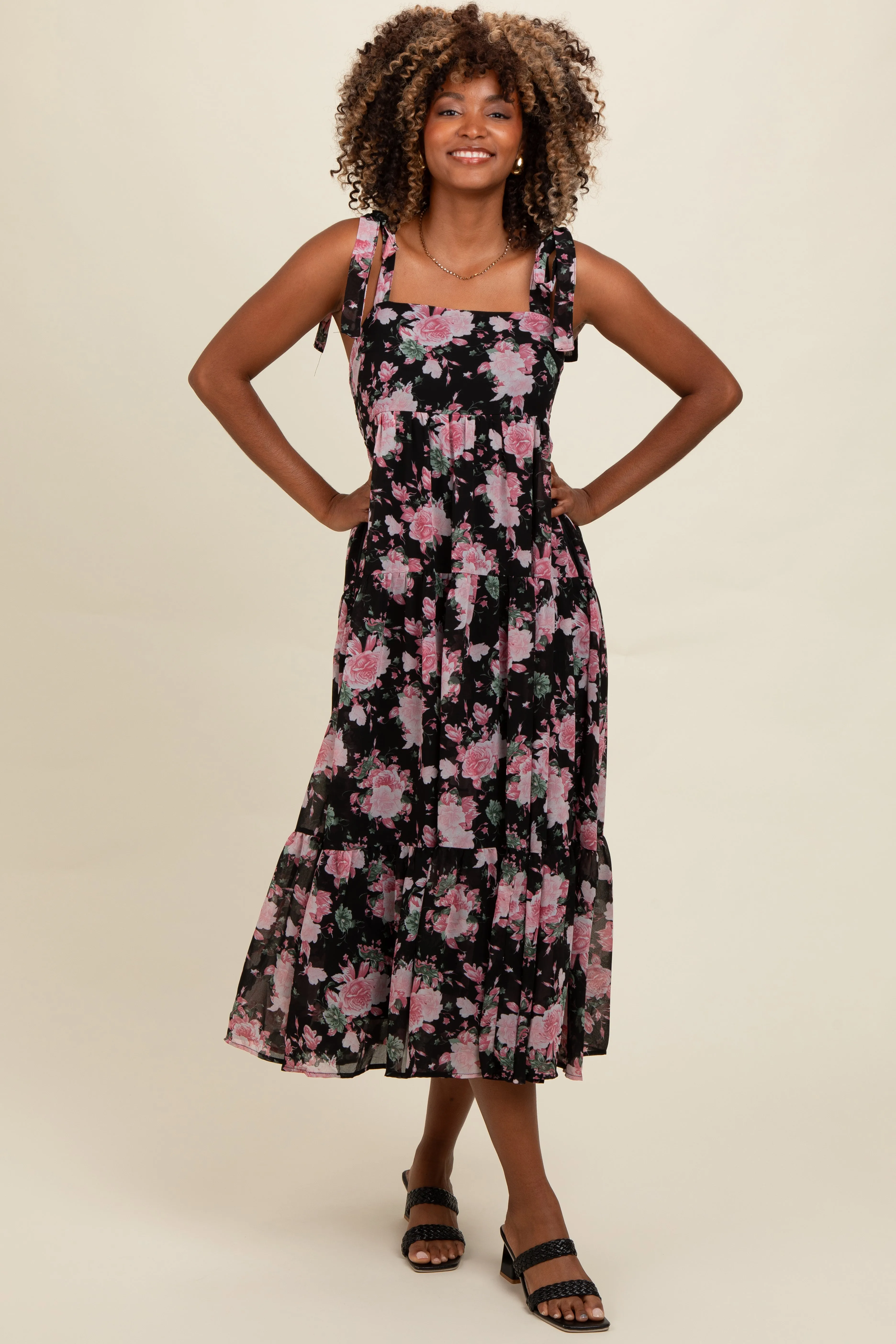 Black Floral Print Tie Strap Midi Dress sold by Pinkblush product image thumbnail 2