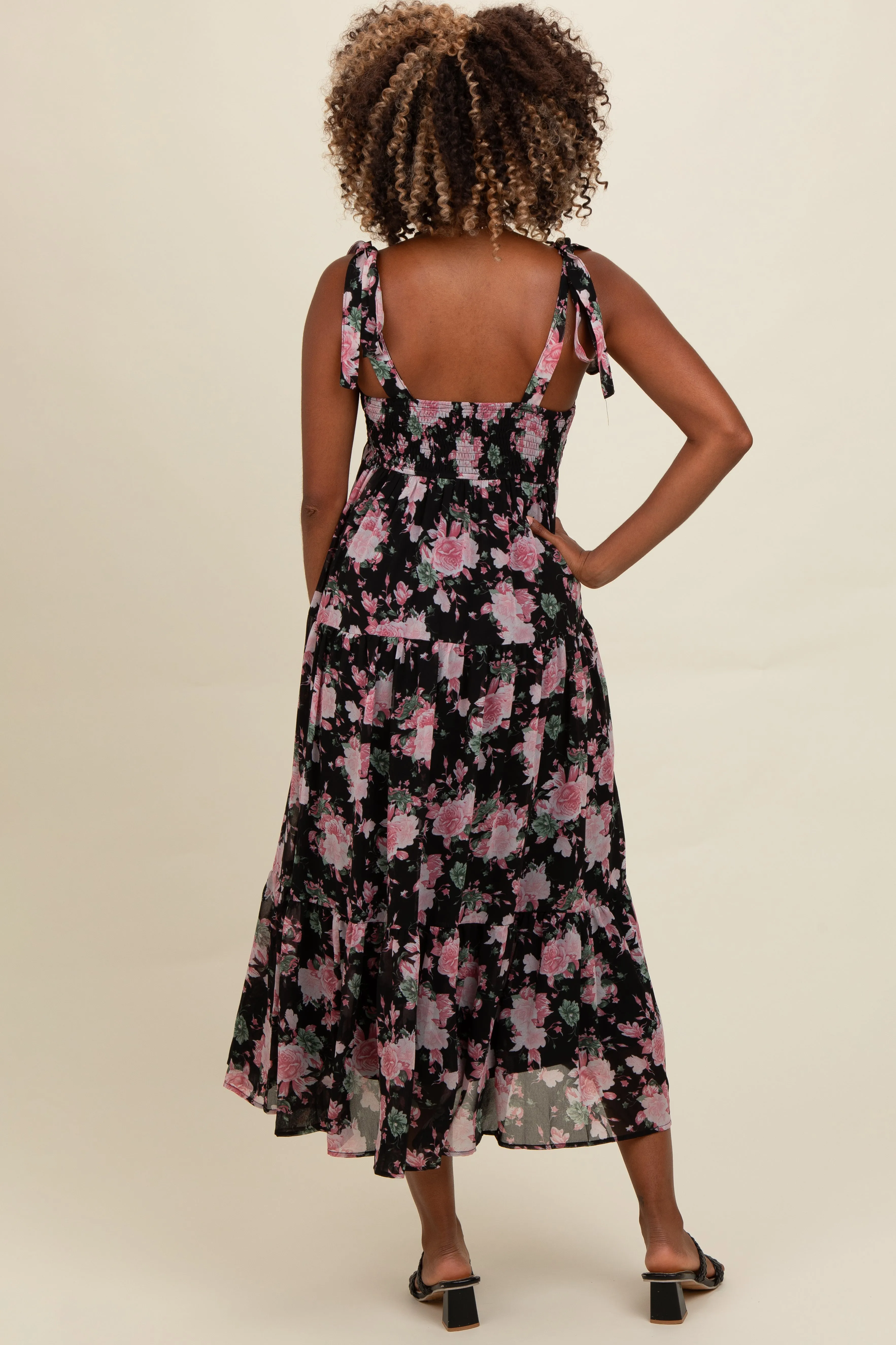 Black Floral Print Tie Strap Midi Dress sold by Pinkblush product image thumbnail 3