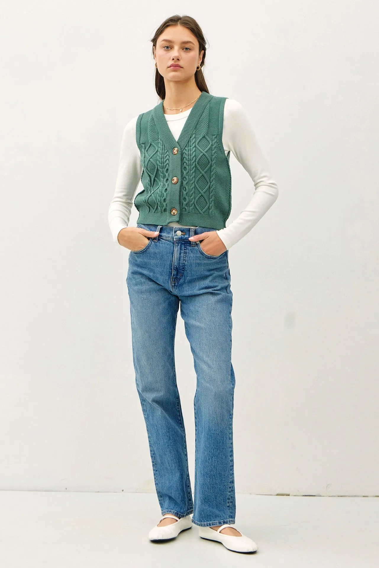 Pine Green Cable Knit Sweater Button Down Vest sold by Pinkblush product image thumbnail 2
