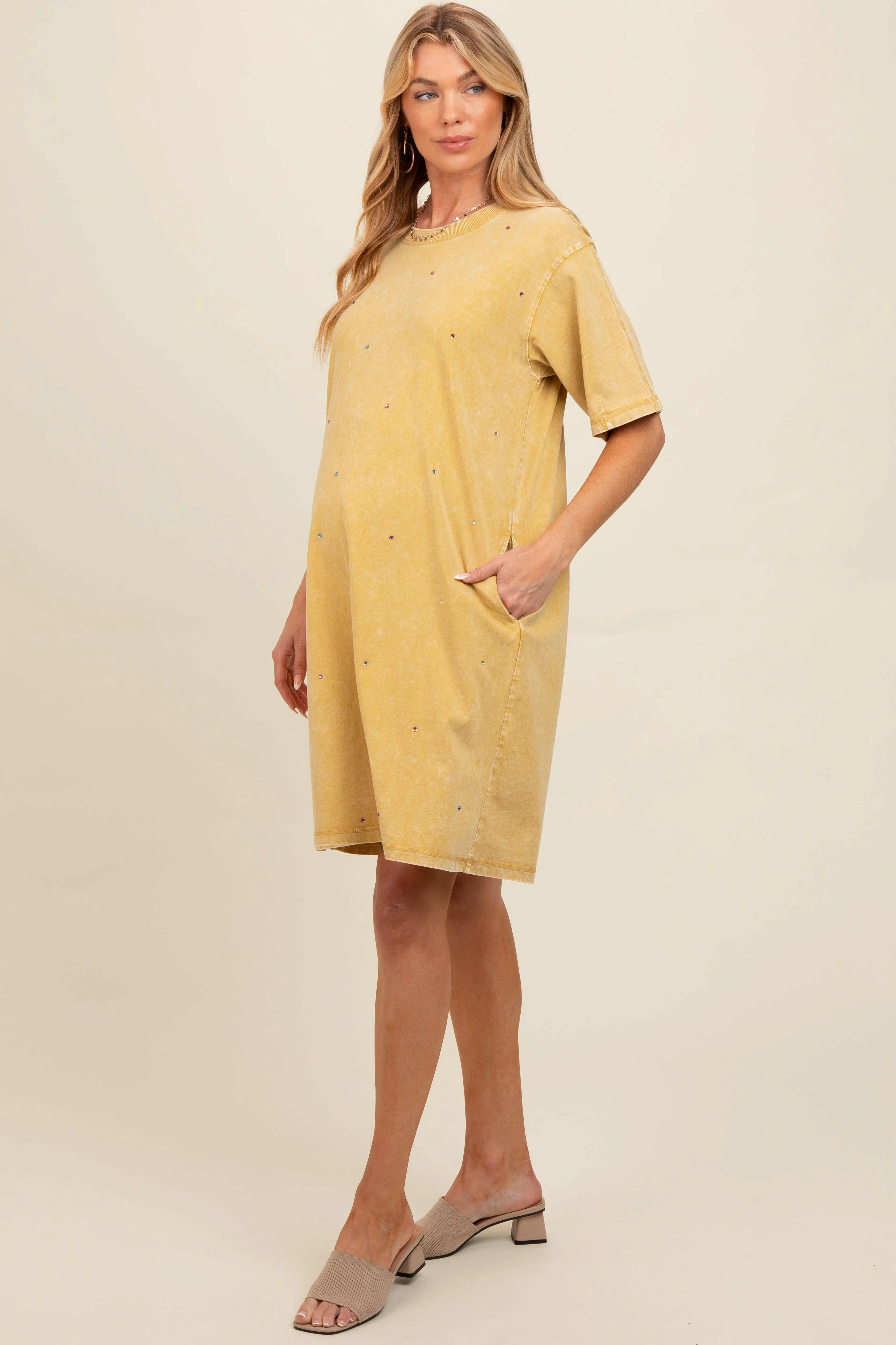 Yellow Rhinestone Mineral Washed Maternity T-Shirt Dress sold by Pinkblush product image thumbnail 2