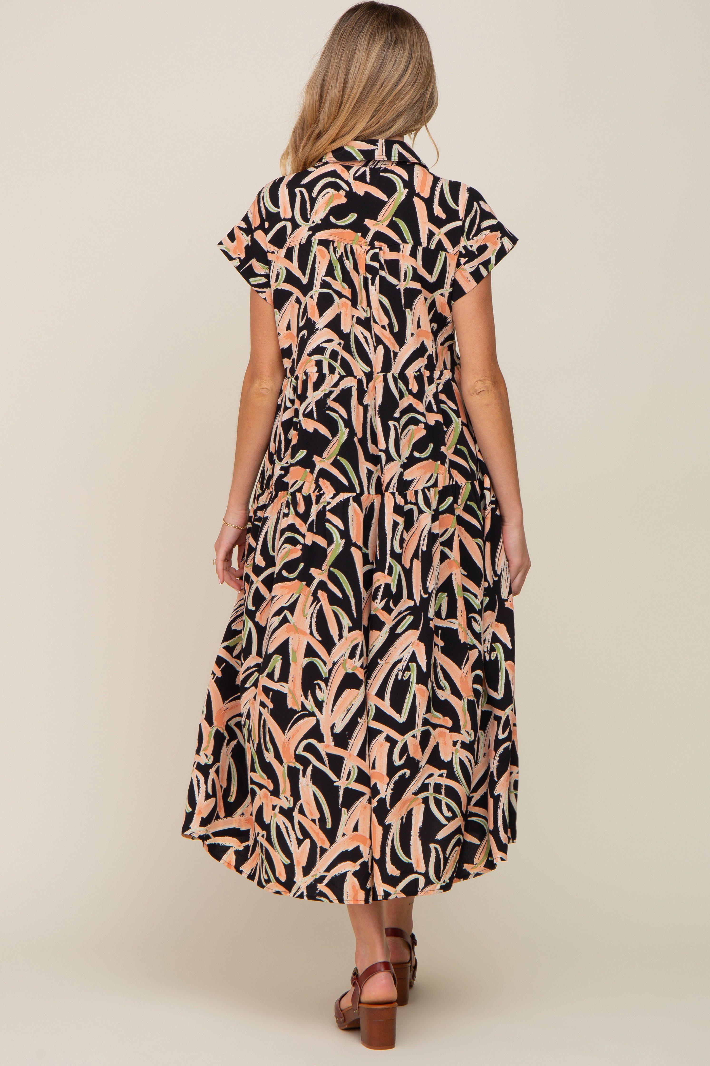 Black Printed Button Down Collared Tiered Maternity Midi Dress sold by Pinkblush product image thumbnail 3