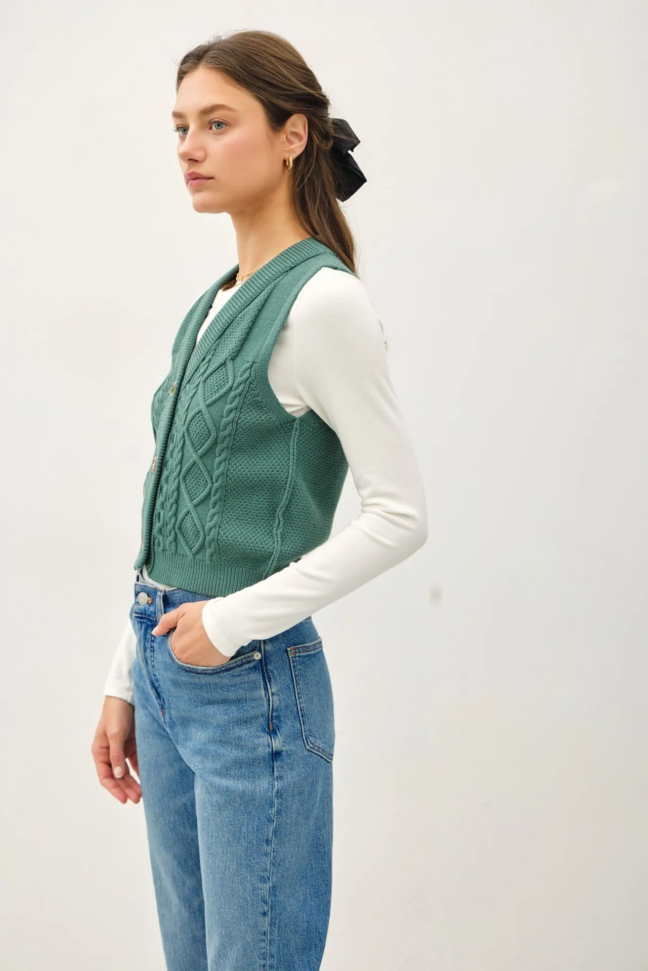 Pine Green Cable Knit Sweater Button Down Vest sold by Pinkblush product image thumbnail 3